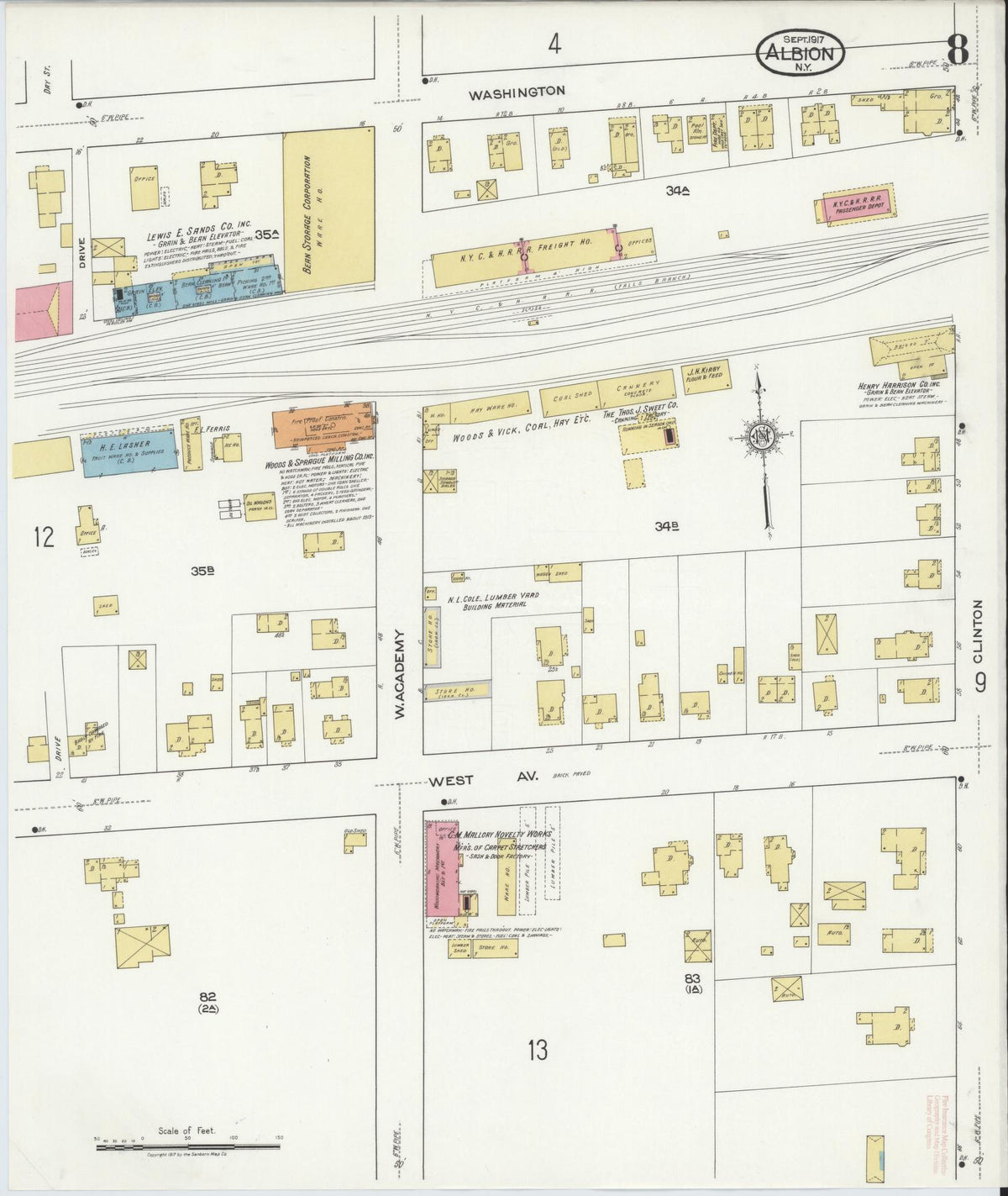Sanborn Fire Insurance Map from Albion, Orleans County, New York (1917), Sheet #0008 - Historic Sanborn Fire Insurance Map Print, vintage old map wall art, antique decor, genealogy gift, New York New York map
