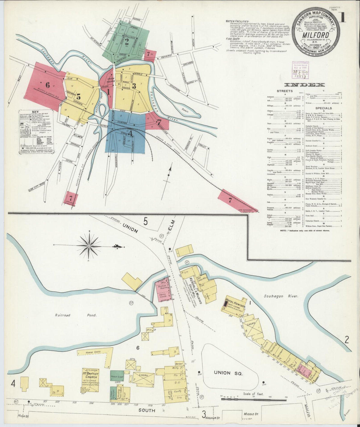 Sanborn Fire Insurance Map from Milford, Hillsborough County, New Hampshire (1907), Sheet #0001 - Complete Map Set gallery image, historic Sanborn map, vintage wall art, New Hampshire New Hampshire