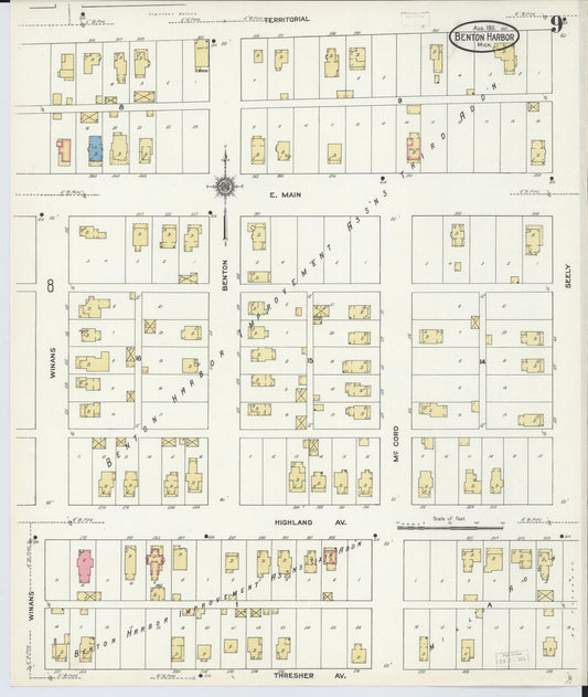 Sanborn Fire Insurance Map from Benton Harbor, Berrien County, Michigan (1911), Sheet #0009 - Historic Sanborn Fire Insurance Map Print, vintage old map wall art, antique decor, genealogy gift, Michigan Michigan map