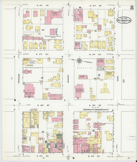 Sanborn Fire Insurance Map from Wilmington, New Hanover County, North Carolina (1910), Sheet #0008 - Historic Sanborn Fire Insurance Map Print, vintage old map wall art, antique decor, genealogy gift, North Carolina North Carolina map