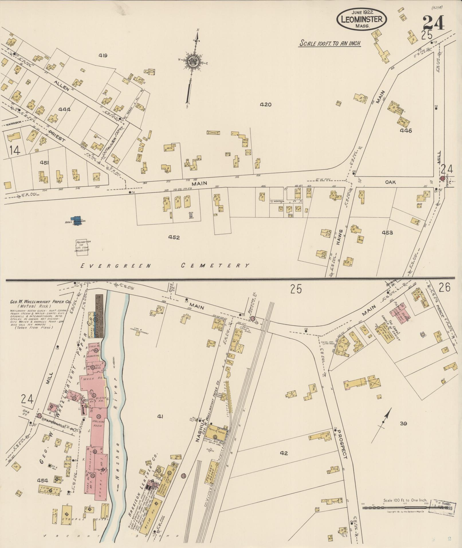 Sanborn Fire Insurance Map from Leominster, Worcester County, Massachusetts (1922), Sheet #0024 - Complete Map Set gallery image, historic Sanborn map, vintage wall art, Massachusetts Massachusetts