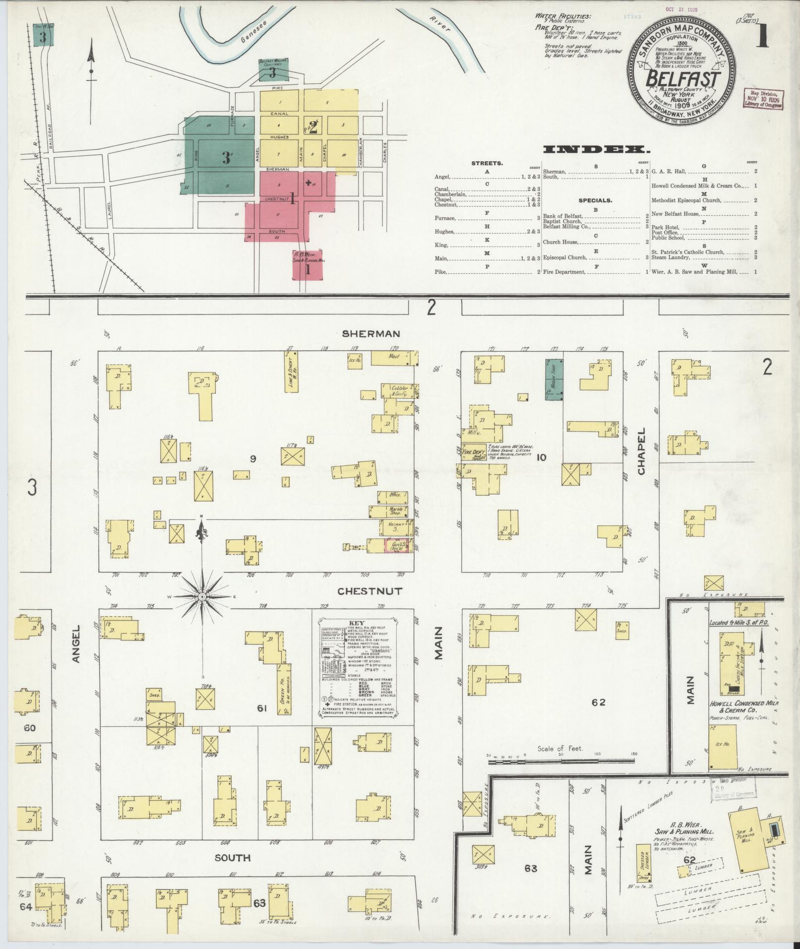 Sanborn Fire Insurance Map from Belfast, Allegany County, New York (1909), Sheet #0001 - Complete Map Set gallery image, historic Sanborn map, vintage wall art, New York New York