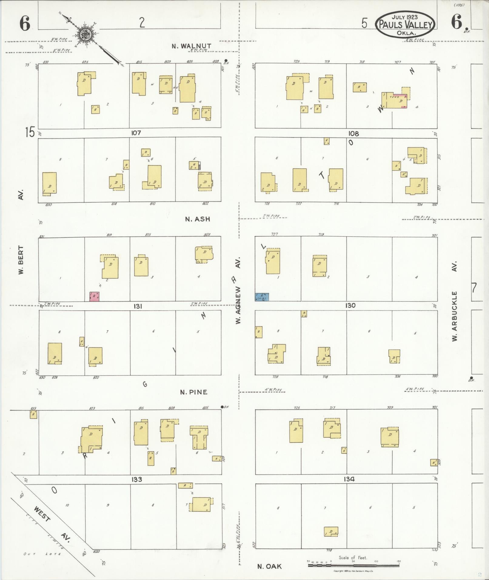 Sanborn Fire Insurance Map from Pauls Valley, Garvin County, Oklahoma (1923), Sheet #0006 - Complete Map Set gallery image, historic Sanborn map, vintage wall art, Oklahoma Oklahoma