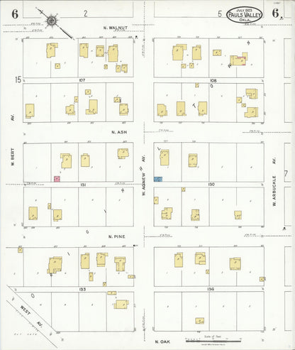 Sanborn Fire Insurance Map from Pauls Valley, Garvin County, Oklahoma (1923), Sheet #0006 - Complete Map Set gallery image, historic Sanborn map, vintage wall art, Oklahoma Oklahoma