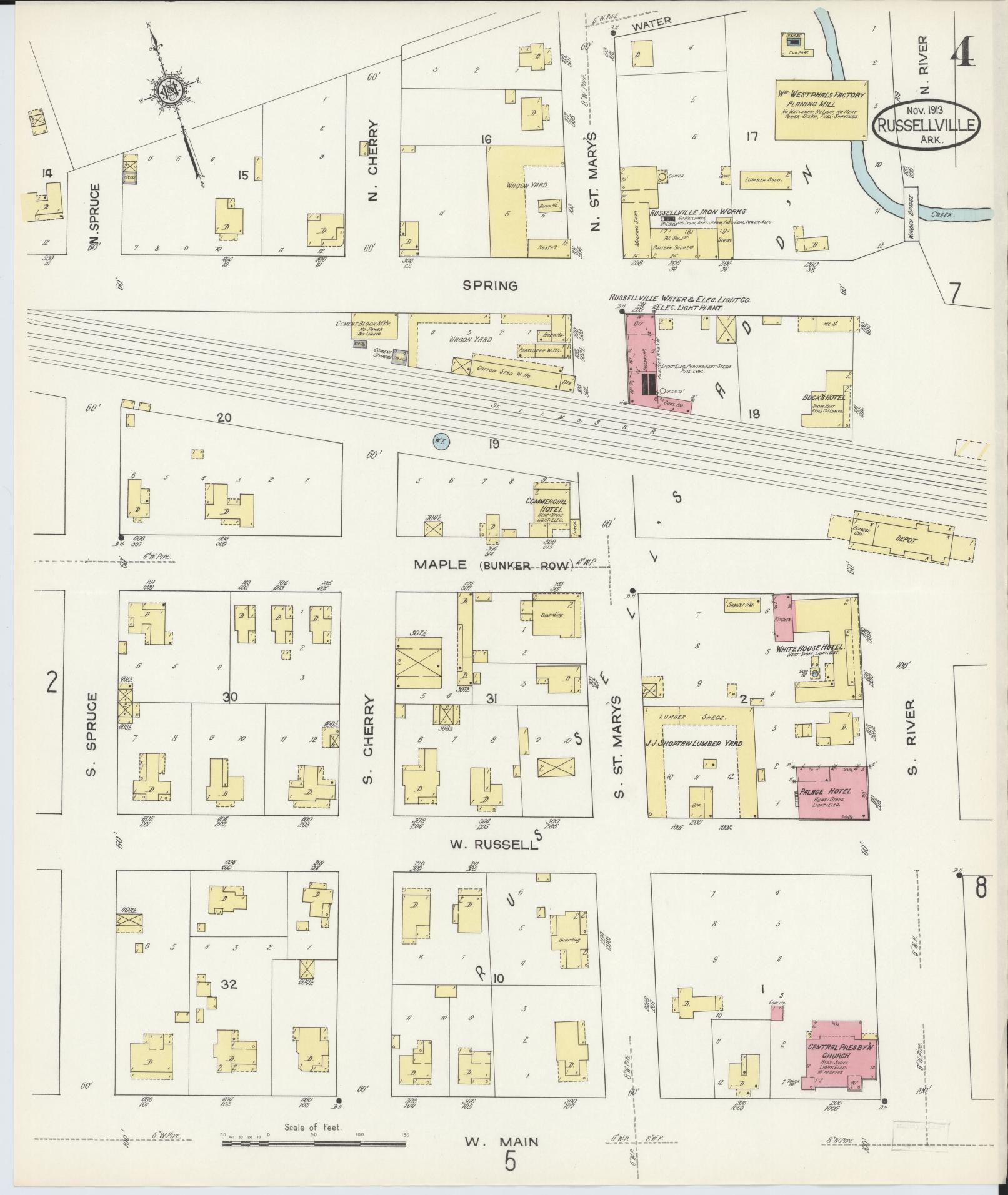 Sanborn Fire Insurance Map from Russellville, Pope County, Arkansas (1913), Sheet #0004 - Historic Sanborn Fire Insurance Map Print, vintage old map wall art, antique decor, genealogy gift, Arkansas Arkansas map