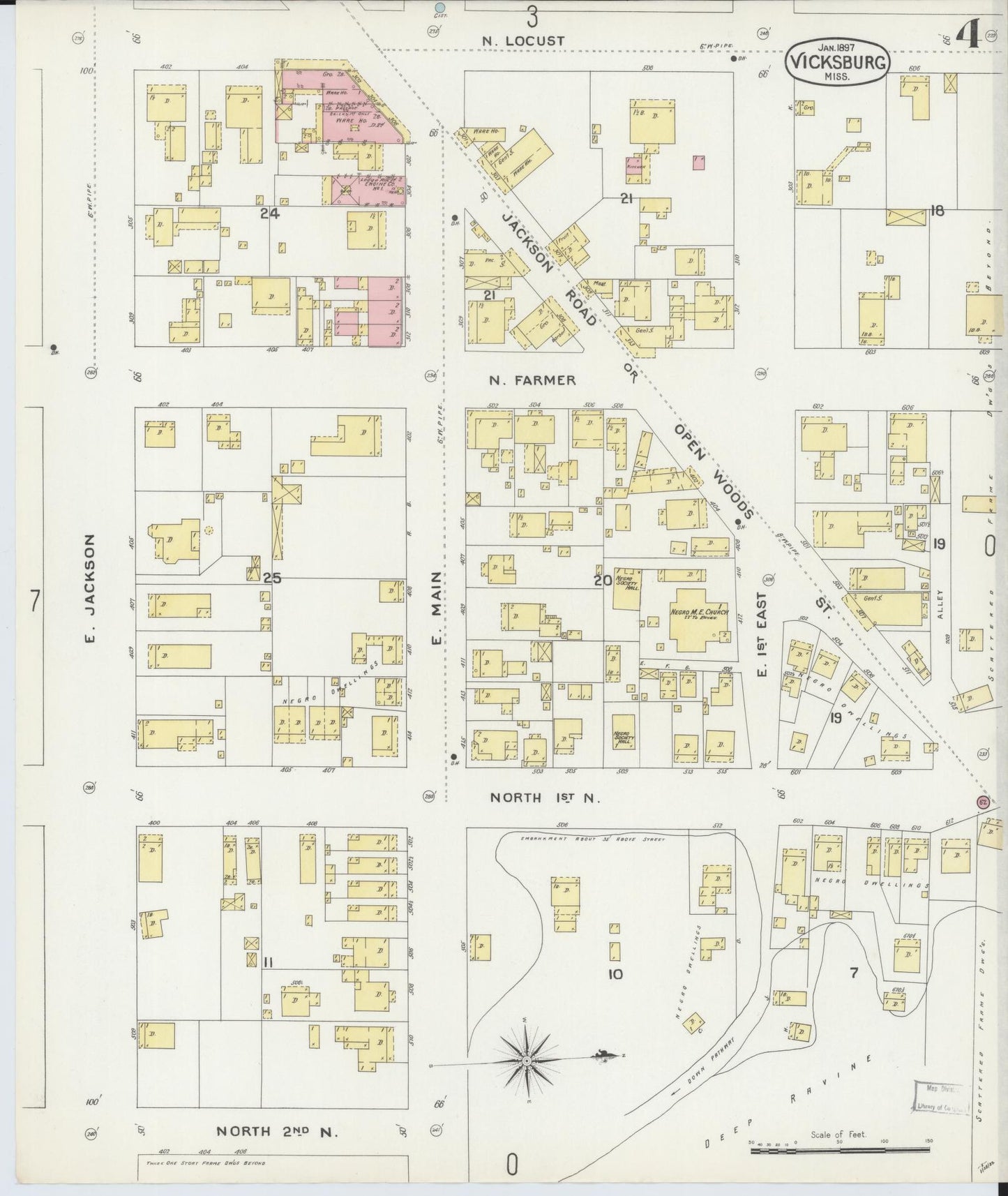 Sanborn Fire Insurance Map from Vicksburg, Warren County, Mississippi (1897), Sheet #0004 - Historic Sanborn Fire Insurance Map Print, vintage old map wall art, antique decor, genealogy gift, Mississippi Mississippi map