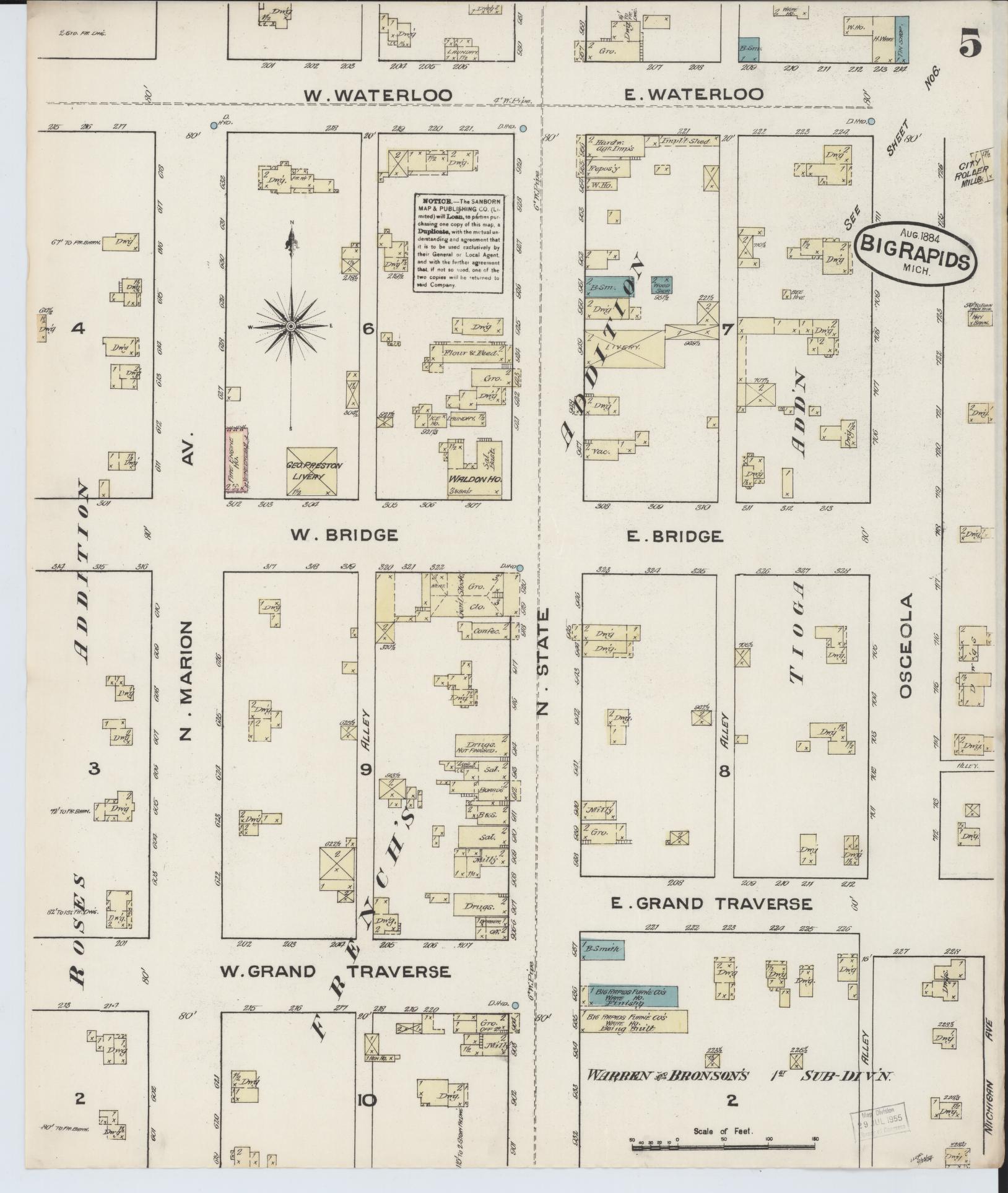 Sanborn Fire Insurance Map from Big Rapids, Mecosta County, Michigan (1884), Sheet #0005 - Complete Map Set gallery image, historic Sanborn map, vintage wall art, Michigan Michigan