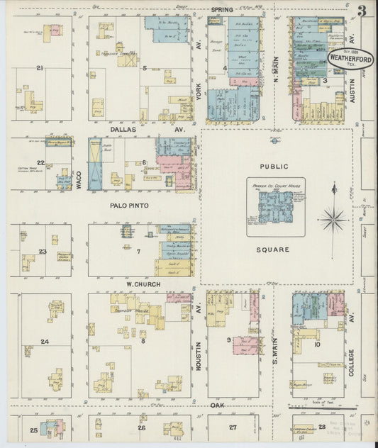 Sanborn Fire Insurance Map from Weatherford, Parker County, Texas (1889), Sheet #0003 - Historic Sanborn Fire Insurance Map Print, vintage old map wall art, antique decor, genealogy gift, Texas Texas map
