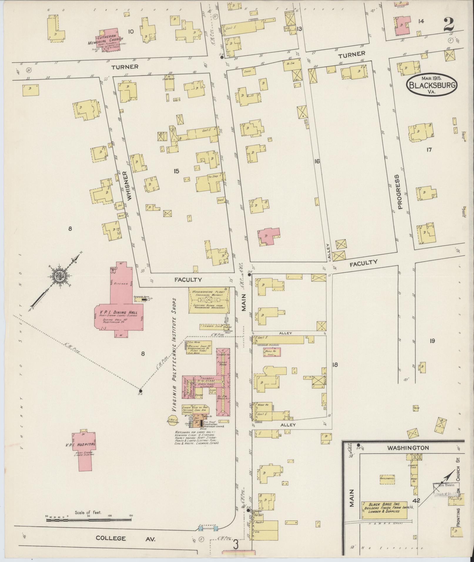 Sanborn Fire Insurance Map from Blacksburg, Montgomery County, Virginia (1915), Sheet #0002 - Historic Sanborn Fire Insurance Map Print, vintage old map wall art, antique decor, genealogy gift, Virginia Virginia map