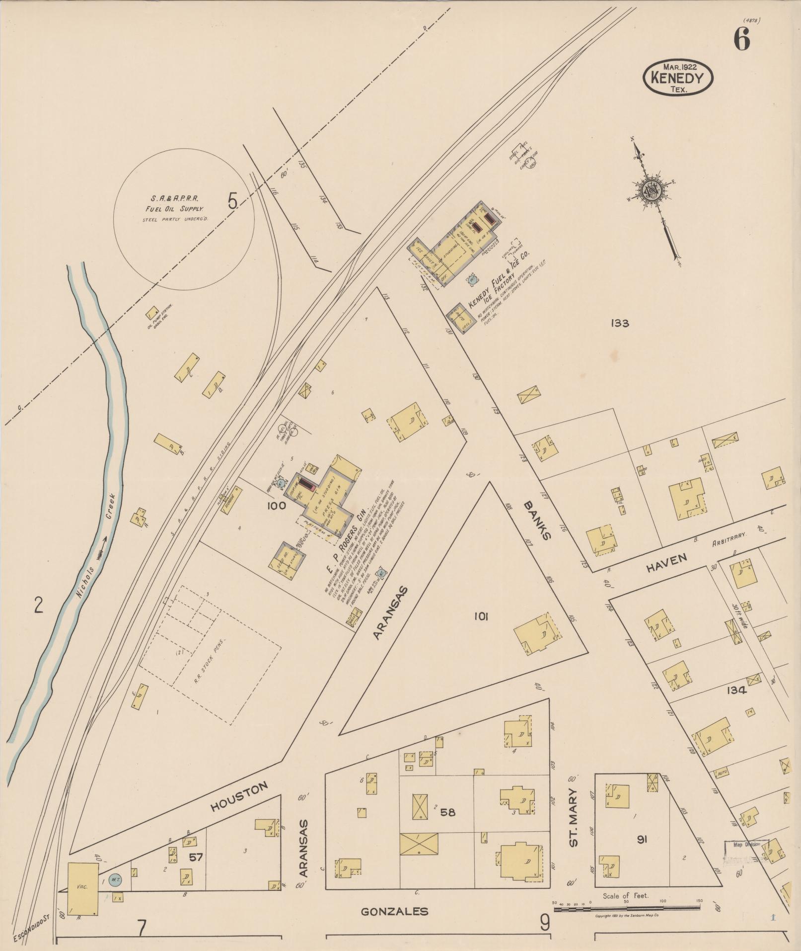Sanborn Fire Insurance Map from Kenedy, Karnes County, Texas (1922), Sheet #0006 - Historic Sanborn Fire Insurance Map Print, vintage old map wall art, antique decor, genealogy gift, Texas Texas map