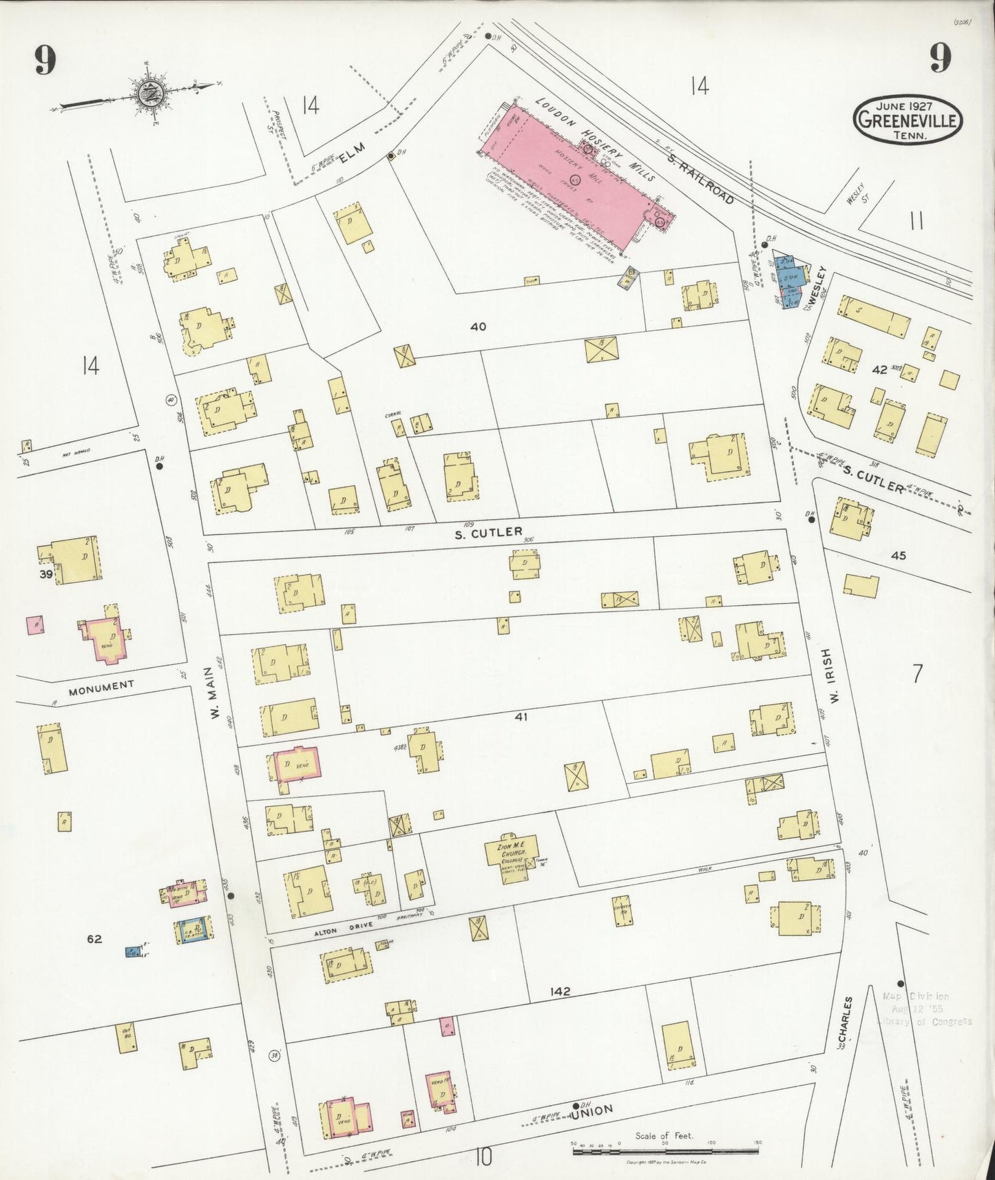 Sanborn Fire Insurance Map from Greeneville, Greene County, Tennessee (1927), Sheet #0009 - Complete Map Set gallery image, historic Sanborn map, vintage wall art, Tennessee Tennessee