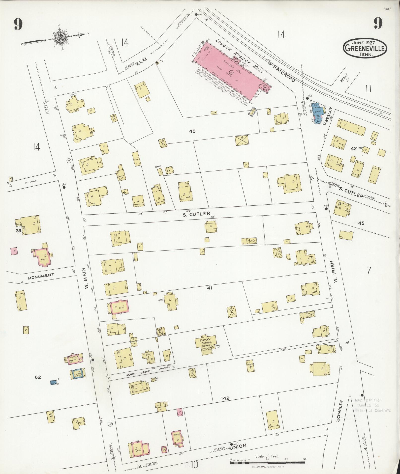 Sanborn Fire Insurance Map from Greeneville, Greene County, Tennessee (1927), Sheet #0009 - Complete Map Set gallery image, historic Sanborn map, vintage wall art, Tennessee Tennessee