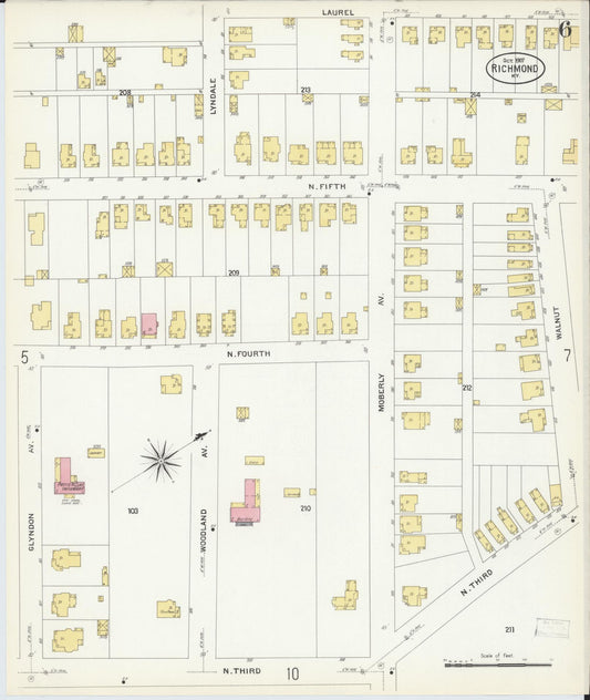 Sanborn Fire Insurance Map from Richmond, Madison County, Kentucky (1907), Sheet #0006 - Historic Sanborn Fire Insurance Map Print, vintage old map wall art, antique decor, genealogy gift, Kentucky Kentucky map