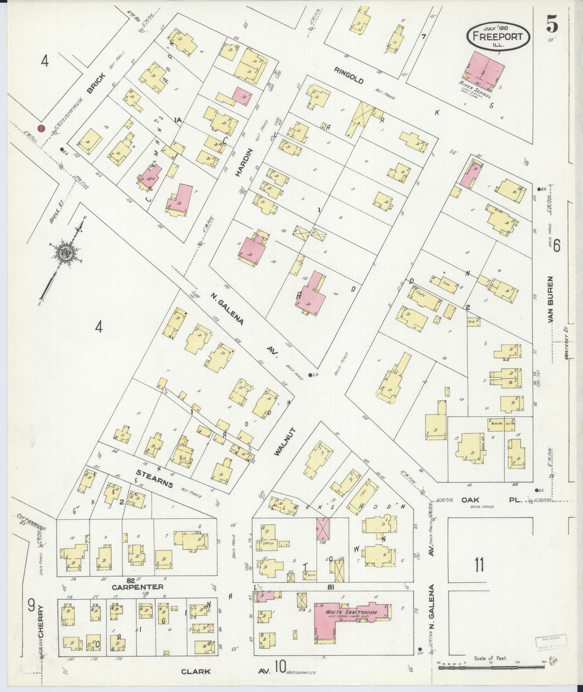 Sanborn Fire Insurance Map from Freeport, Stephenson County, Illinois (1910), Sheet #0005 - Historic Sanborn Fire Insurance Map Print, vintage old map wall art, antique decor, genealogy gift, Illinois Illinois map