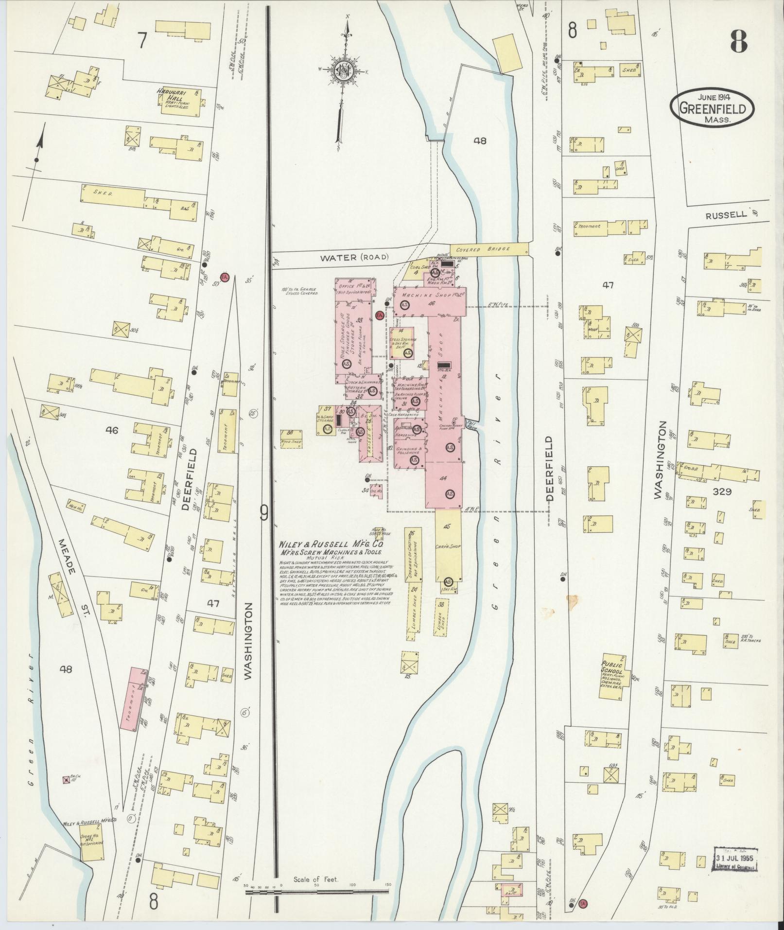 Sanborn Fire Insurance Map from Greenfield, Franklin County, Massachusetts (1914), Sheet #0008 - Historic Sanborn Fire Insurance Map Print, vintage old map wall art, antique decor, genealogy gift, Massachusetts Massachusetts map