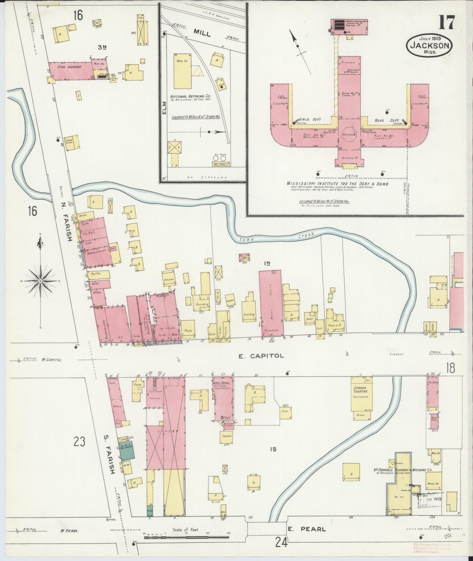 Sanborn Fire Insurance Map from Jackson, Hinds County, Mississippi (1909), Sheet #0017 - Historic Sanborn Fire Insurance Map Print, vintage old map wall art, antique decor, genealogy gift, Mississippi Mississippi map