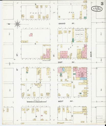 Sanborn Fire Insurance Map from Lyons, Rice County, Kansas (1888), Sheet #0003 - Complete Map Set gallery image, historic Sanborn map, vintage wall art, Kansas Kansas