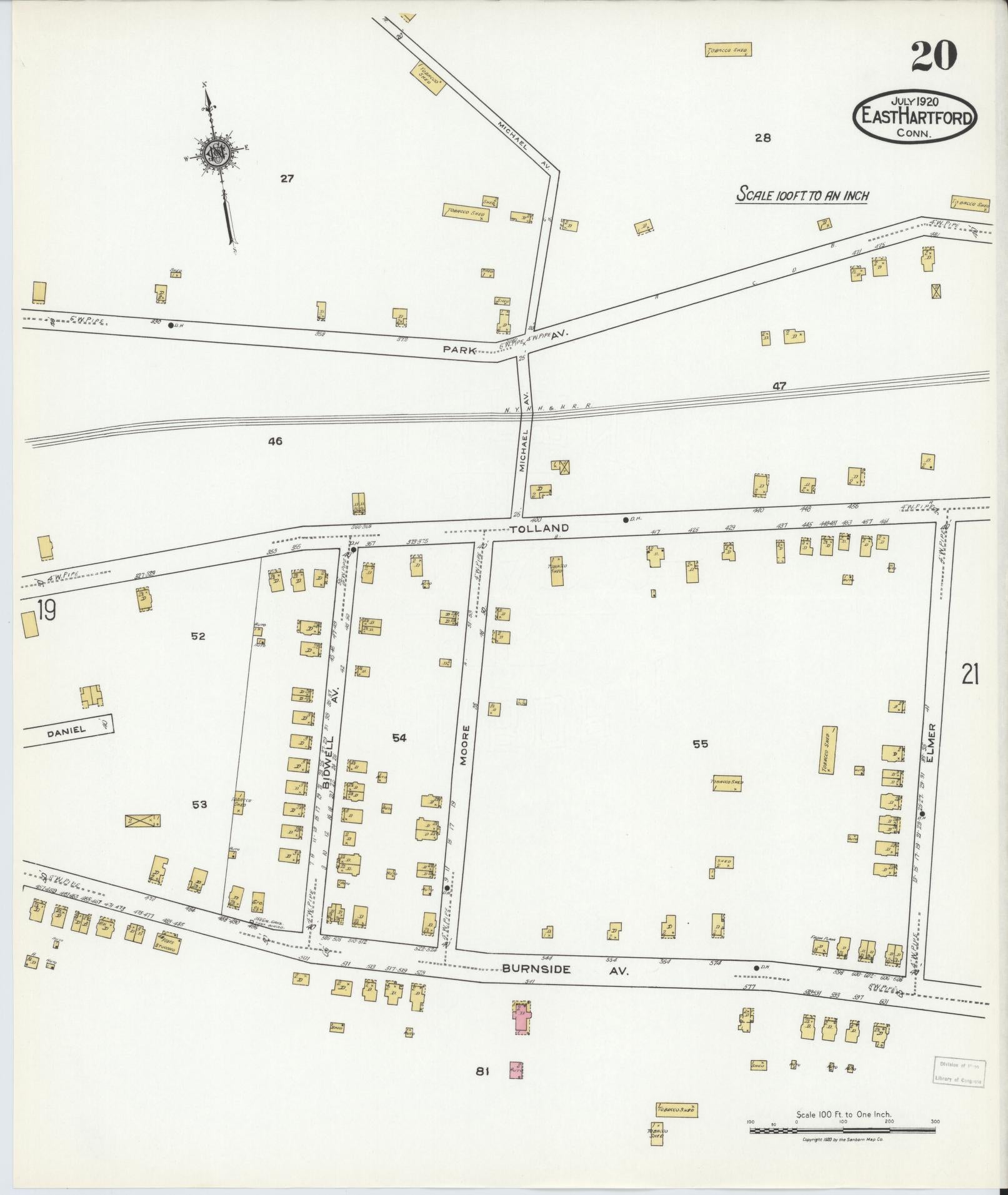 Sanborn Fire Insurance Map from East Hartford, Hartford County, Connecticut (1920), Sheet #0020 - Historic Sanborn Fire Insurance Map Print, vintage old map wall art, antique decor, genealogy gift, Connecticut Connecticut map
