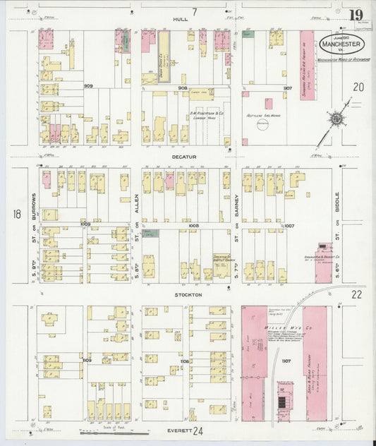 Sanborn Fire Insurance Map from Manchester, Chesterfield County, Virginia (1910), Sheet #0019 - Historic Sanborn Fire Insurance Map Print, vintage old map wall art, antique decor, genealogy gift, Virginia Virginia map
