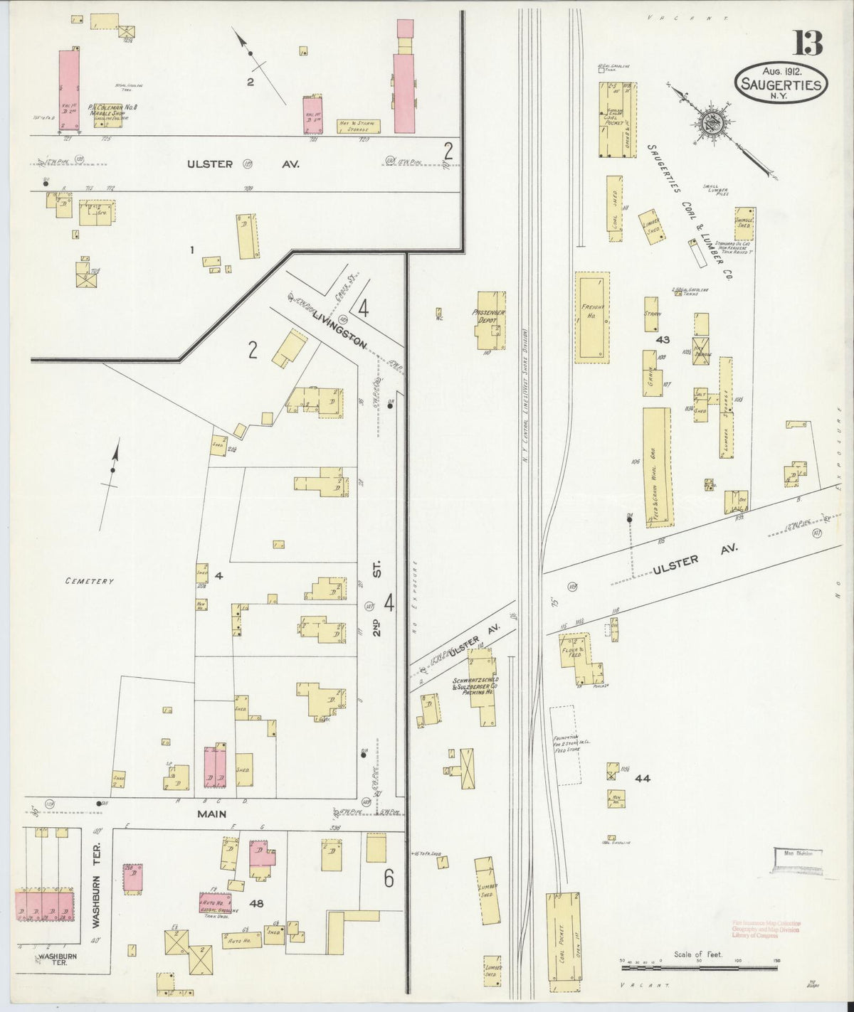 Sanborn Fire Insurance Map from Saugerties, Ulster County, New York (1912), Sheet #0013 - Complete Map Set gallery image, historic Sanborn map, vintage wall art, New York New York