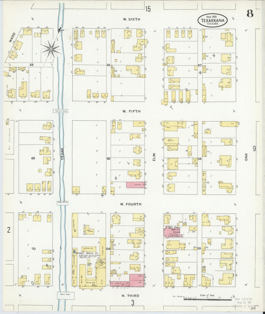 Sanborn Fire Insurance Map from Texarkana, Bowie County, Texas (1909), Sheet #0008 - Historic Sanborn Fire Insurance Map Print, vintage old map wall art, antique decor, genealogy gift, Texas Texas map