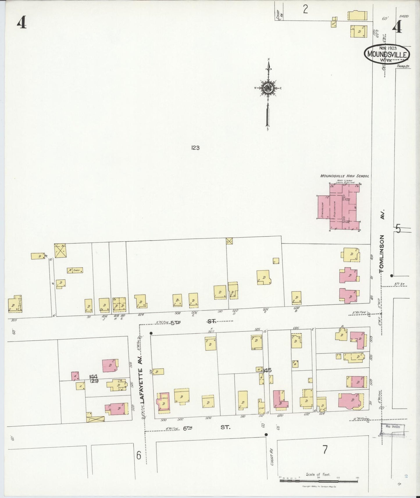 Sanborn Fire Insurance Map from Moundsville, Marshall County, West Virginia (1923), Sheet #0004 - Historic Sanborn Fire Insurance Map Print, vintage old map wall art, antique decor, genealogy gift, West Virginia West Virginia map