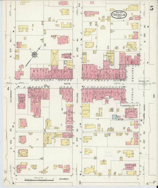 Sanborn Fire Insurance Map from Franklin, Williamson County, Tennessee (1913), Sheet #0005 - Historic Sanborn Fire Insurance Map Print, vintage old map wall art, antique decor, genealogy gift, Tennessee Tennessee map