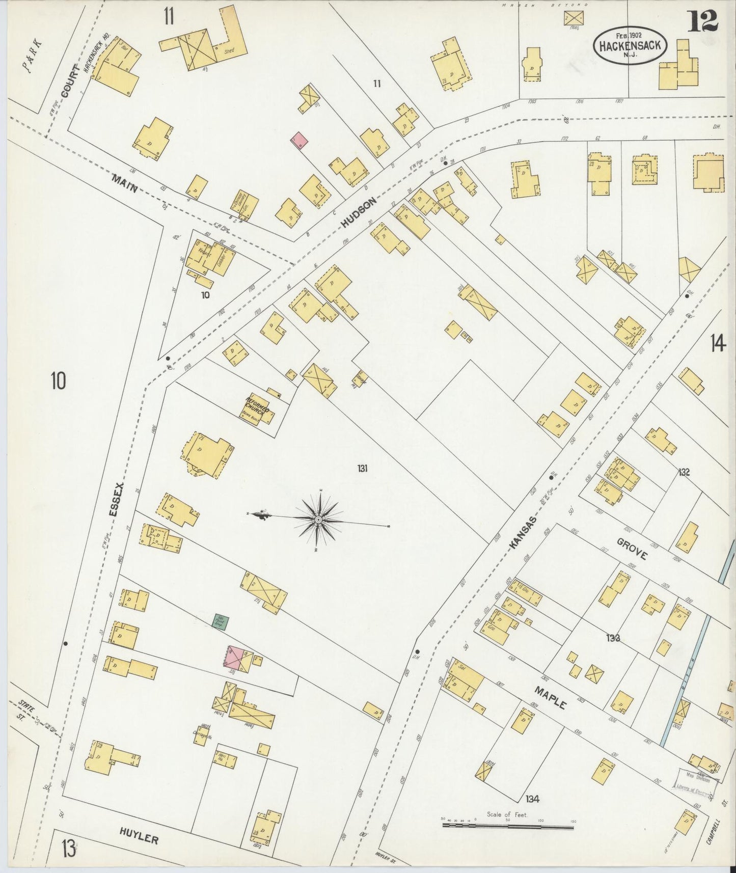 Sanborn Fire Insurance Map from Hackensack, Bergen County, New Jersey (1902), Sheet #0012 - Historic Sanborn Fire Insurance Map Print, vintage old map wall art, antique decor, genealogy gift, New Jersey New Jersey map