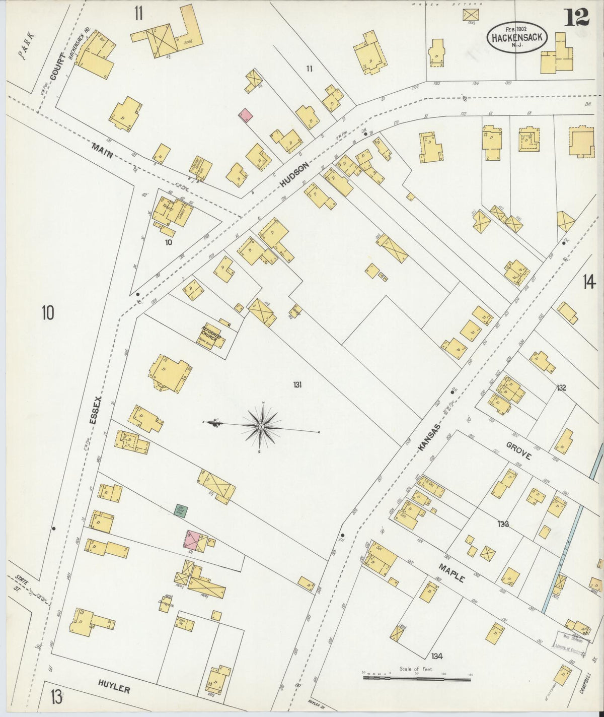 Sanborn Fire Insurance Map from Hackensack, Bergen County, New Jersey (1902), Sheet #0012 - Historic Sanborn Fire Insurance Map Print, vintage old map wall art, antique decor, genealogy gift, New Jersey New Jersey map