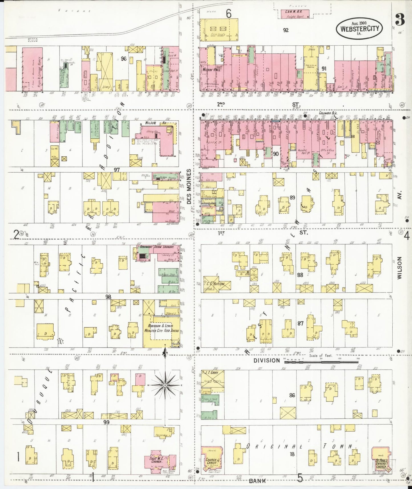Sanborn Fire Insurance Map from Webster City, Hamilton County, Iowa (1900), Sheet #0003 - Historic Sanborn Fire Insurance Map Print, vintage old map wall art