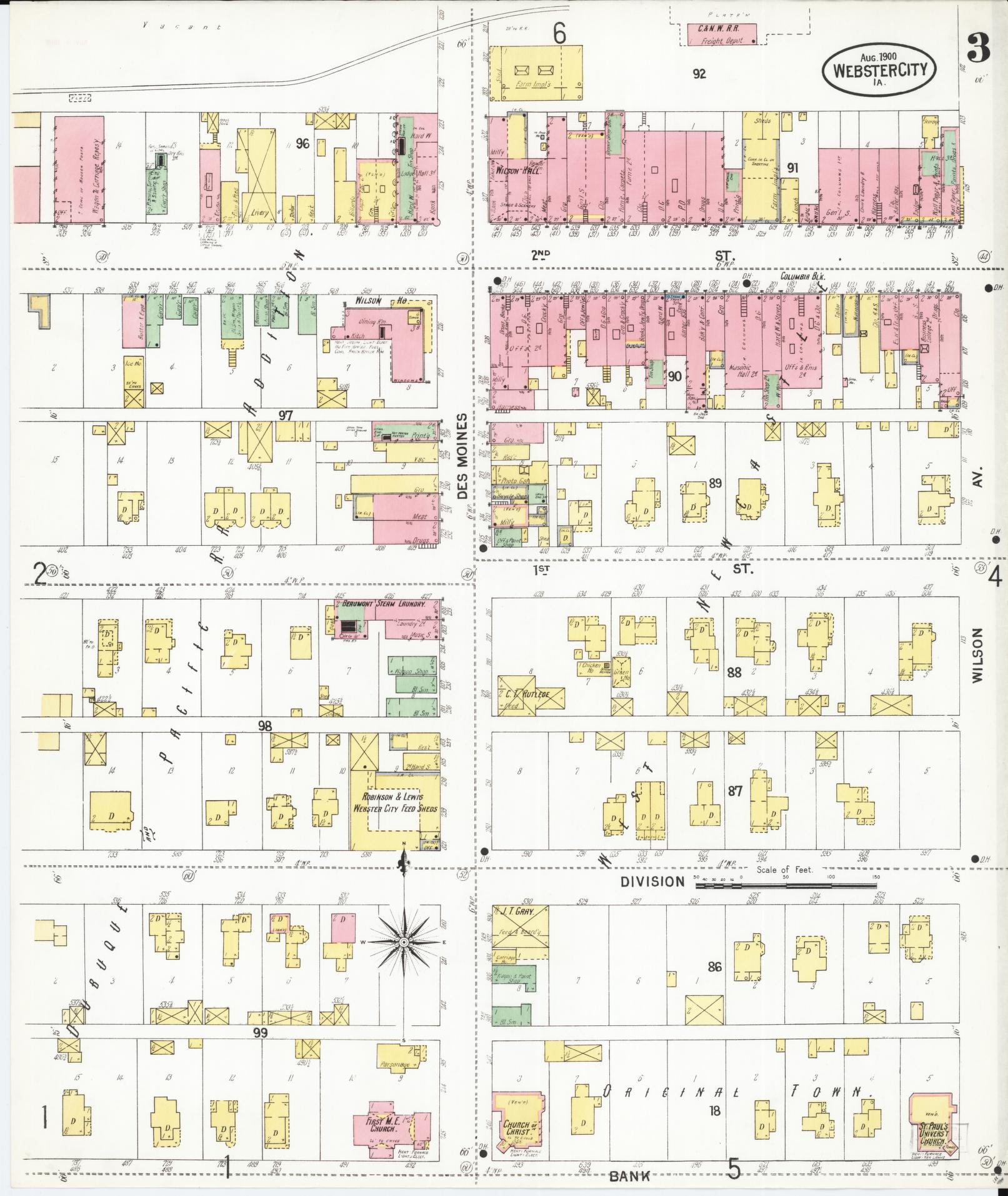 Sanborn Fire Insurance Map from Webster City, Hamilton County, Iowa (1900), Sheet #0003 - Historic Sanborn Fire Insurance Map Print, vintage old map wall art