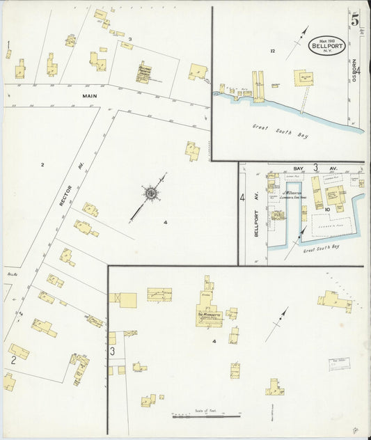 Sanborn Fire Insurance Map from Bellport, Suffolk County, New York (1910), Sheet #0005 - Historic Sanborn Fire Insurance Map Print, vintage old map wall art, antique decor, genealogy gift, New York New York map