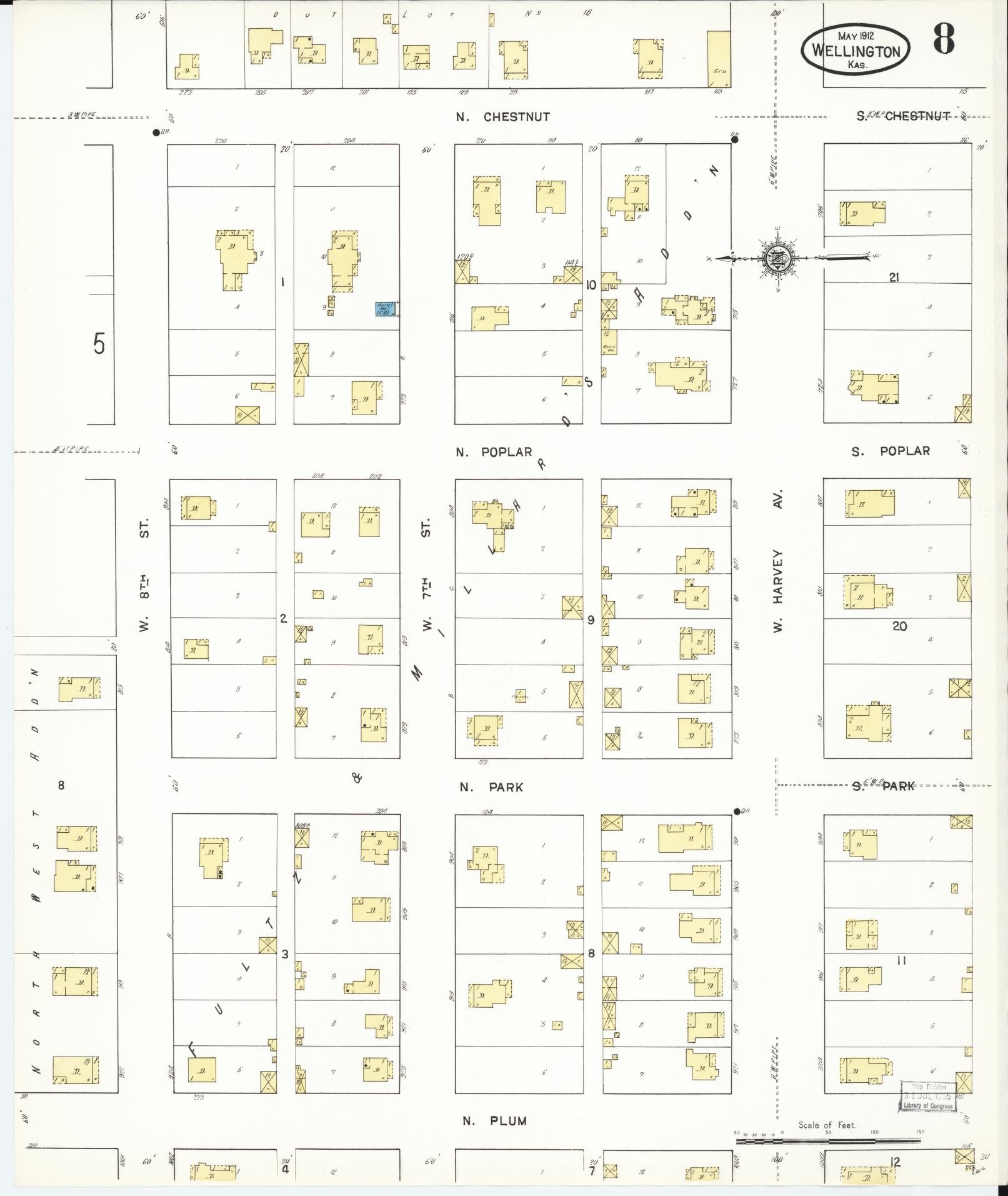 Sanborn Fire Insurance Map from Wellington, Sumner County, Kansas (1912), Sheet #0008 - Historic Sanborn Fire Insurance Map Print, vintage old map wall art, antique decor, genealogy gift, Kansas Kansas map