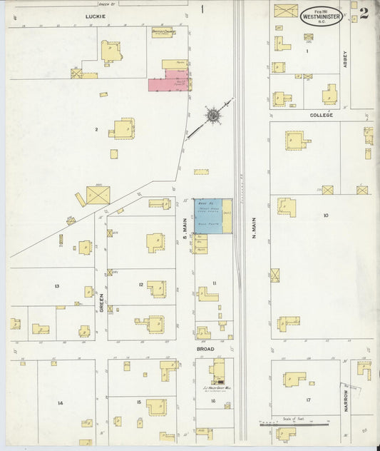 Sanborn Fire Insurance Map from Westminster, Oconee County, South Carolina (1911), Sheet #0002 - Historic Sanborn Fire Insurance Map Print, vintage old map wall art, antique decor, genealogy gift, South Carolina South Carolina map