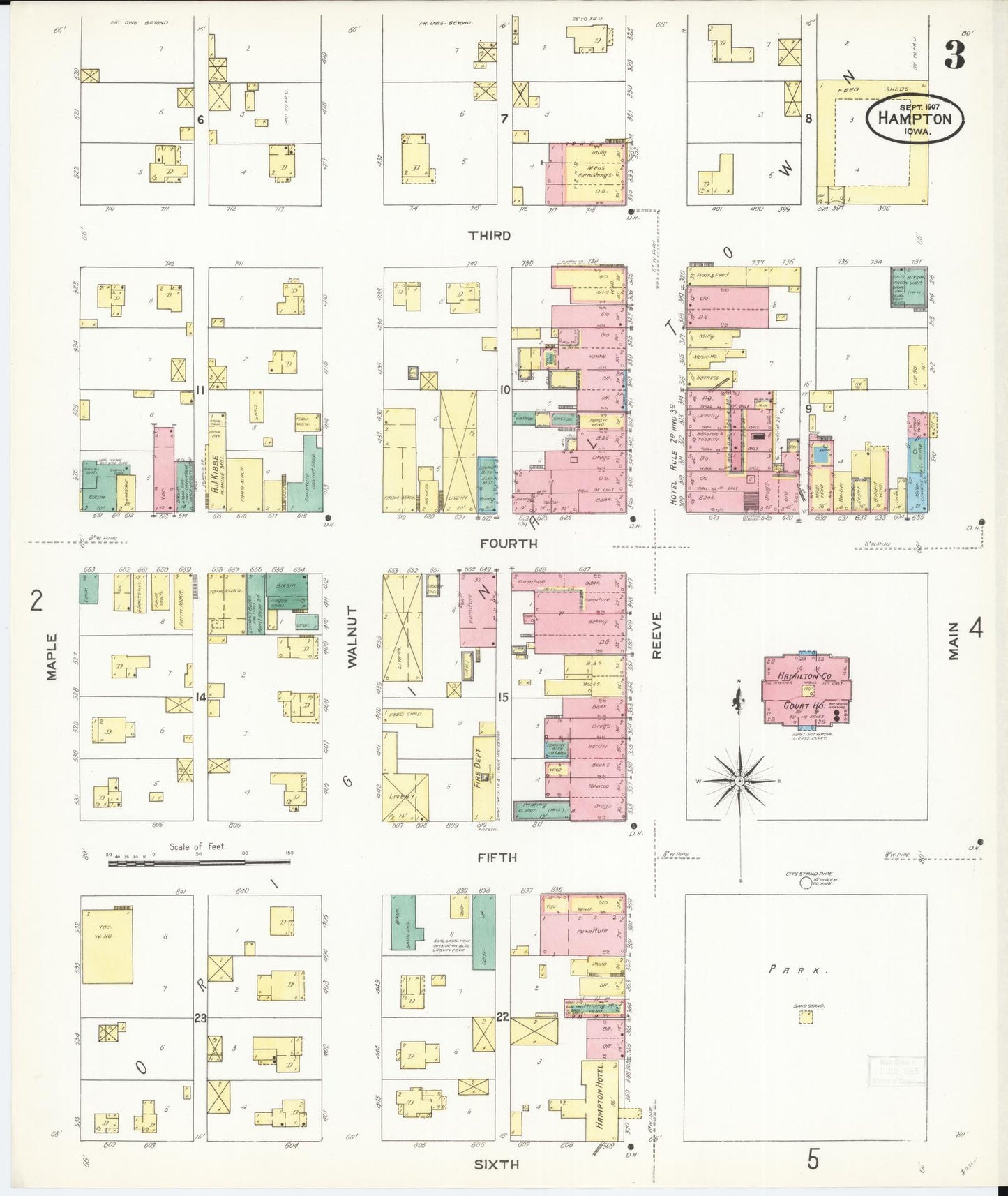 Sanborn Fire Insurance Map from Hampton, Franklin County, Iowa (1907), Sheet #0003 - Historic Sanborn Fire Insurance Map Print, vintage old map wall art