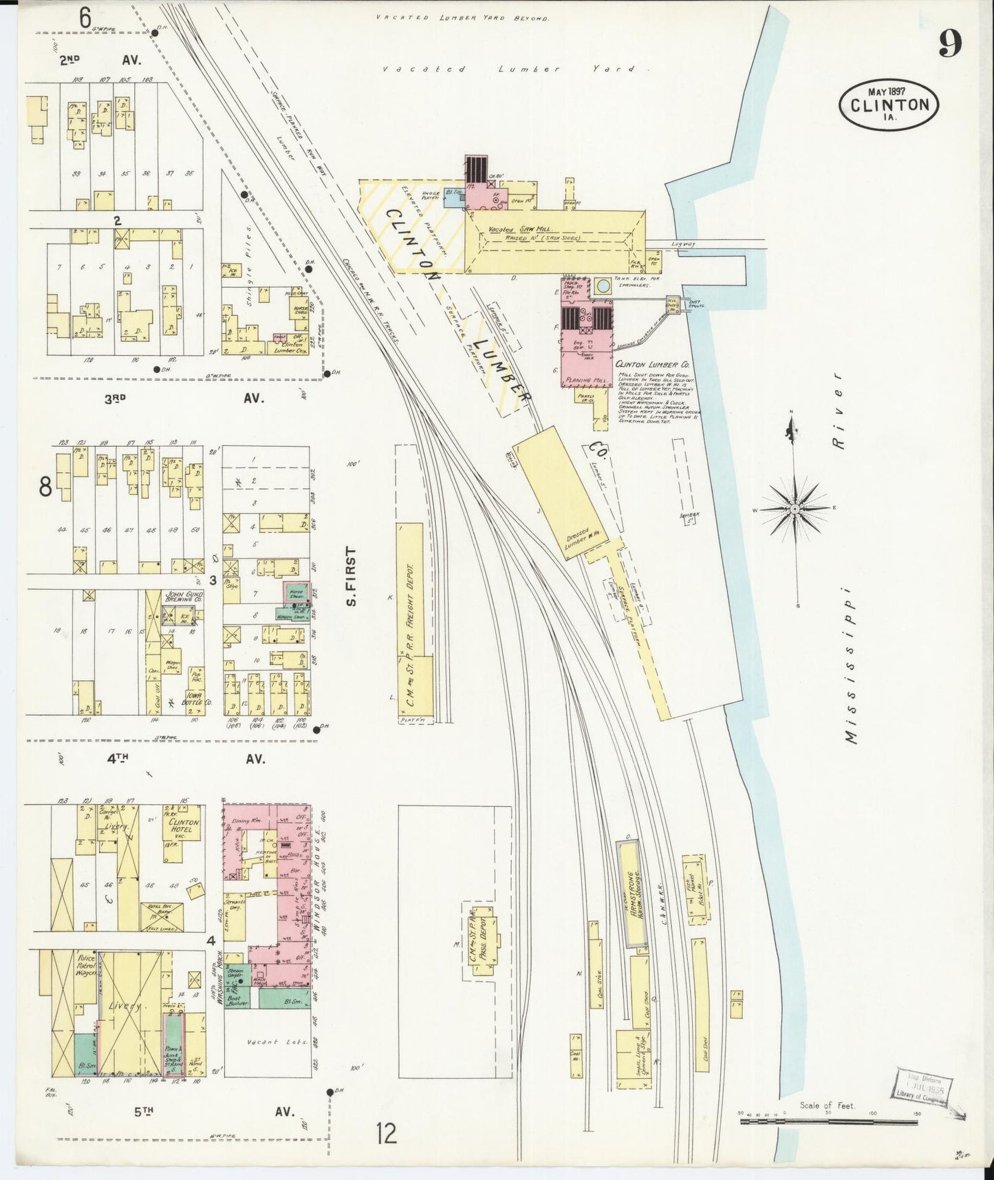 Sanborn Fire Insurance Map from Clinton, Clinton County, Iowa (1897), Sheet #0009 - Historic Sanborn Fire Insurance Map Print, vintage old map wall art