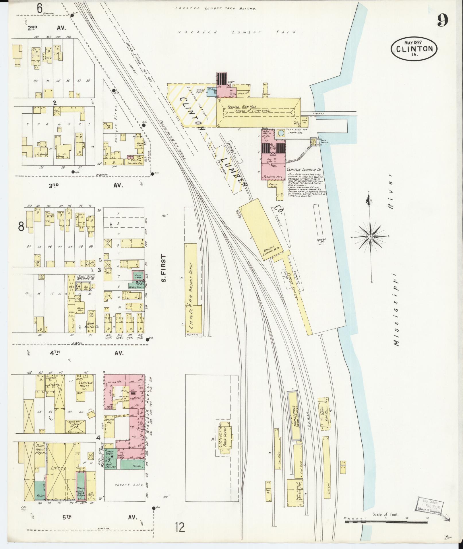 Sanborn Fire Insurance Map from Clinton, Clinton County, Iowa (1897), Sheet #0009 - Historic Sanborn Fire Insurance Map Print, vintage old map wall art