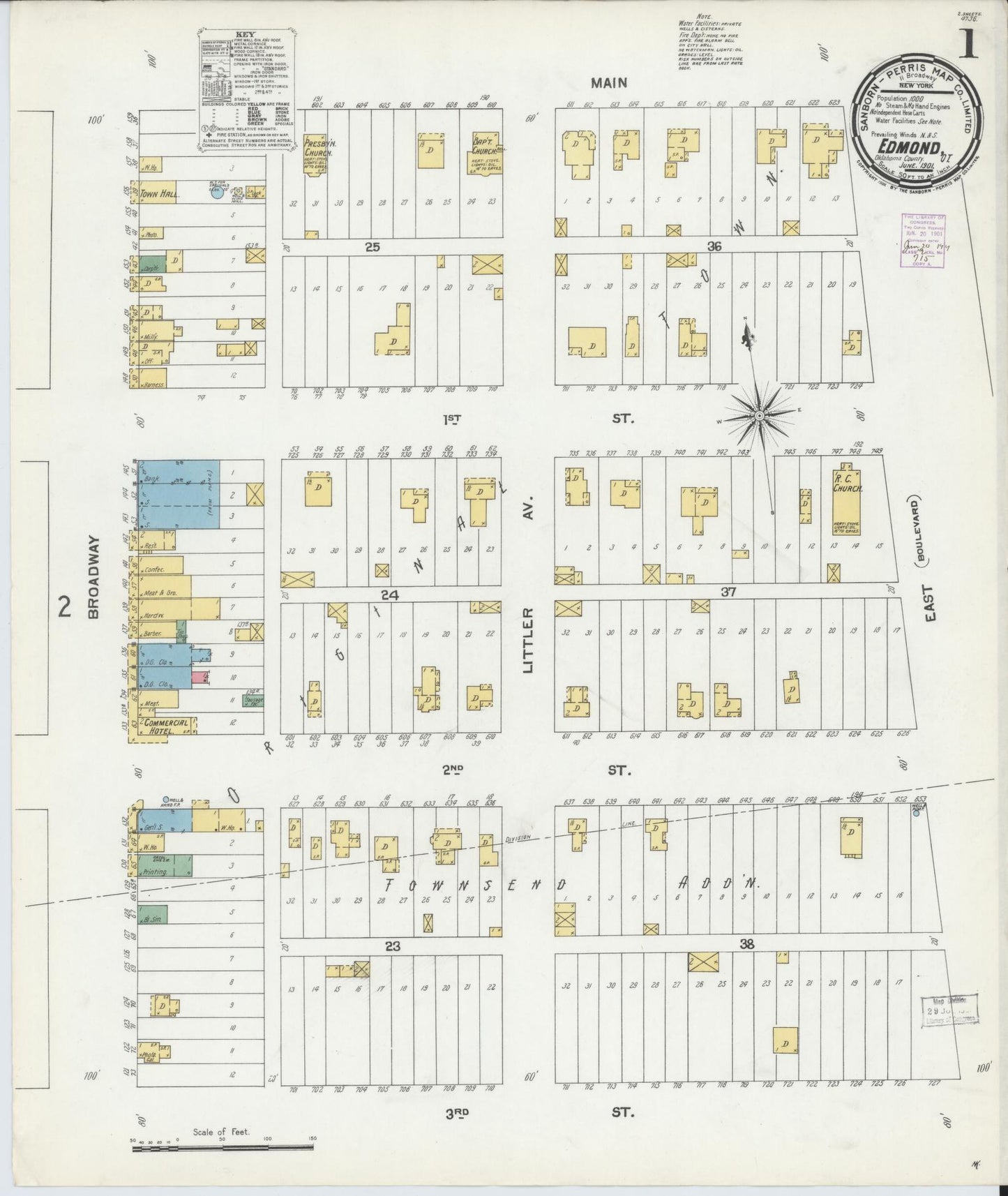 Sanborn Fire Insurance Map from Edmond, Oklahoma County, Oklahoma (1901), Sheet #0001 - Historic Sanborn Fire Insurance Map Print, vintage old map wall art, antique decor, genealogy gift, Edmond Oklahoma map