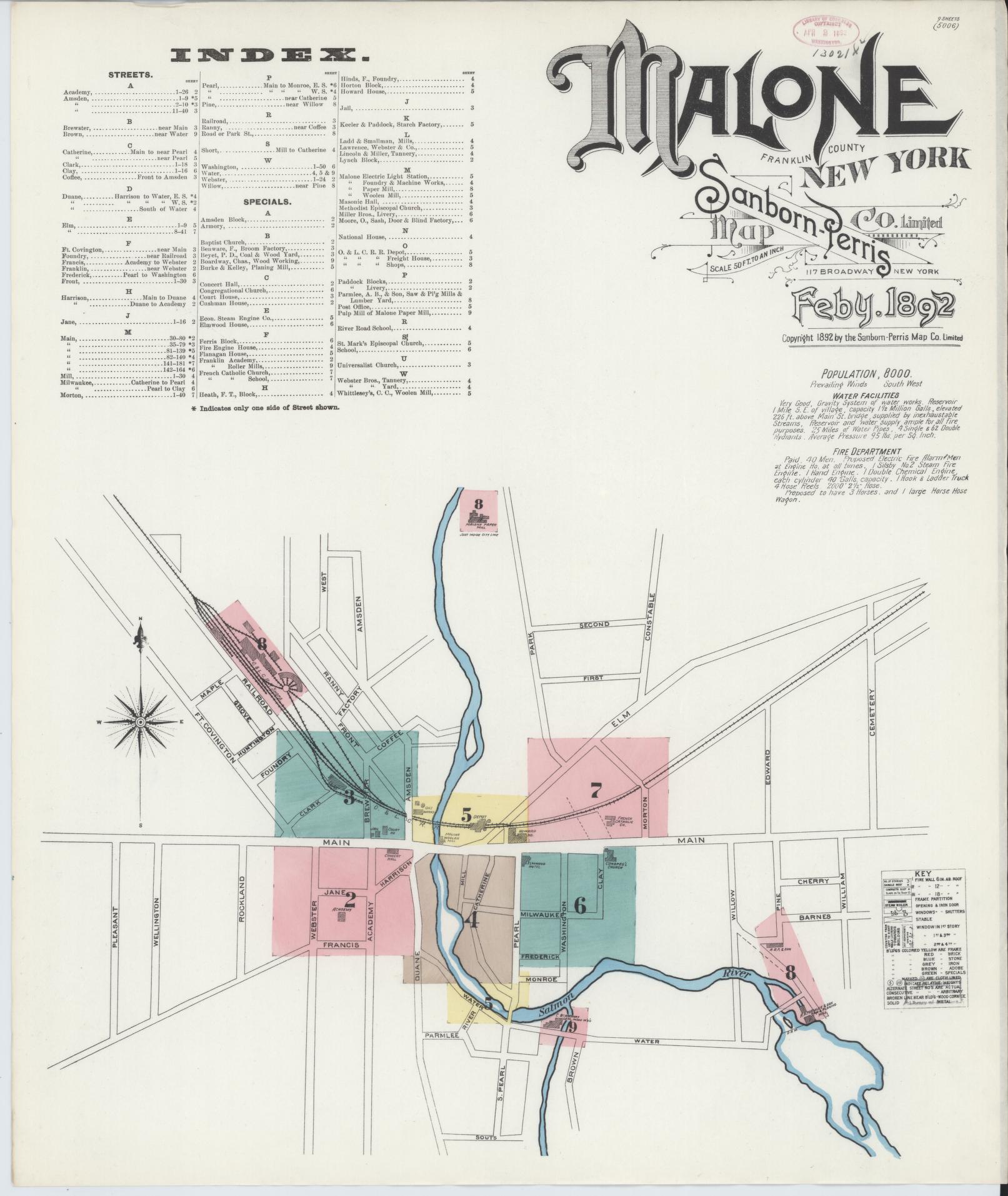 Sanborn Fire Insurance Map from Malone, Franklin County, New York. (1892) – Historic Sanborn Fire Insurance Map Print