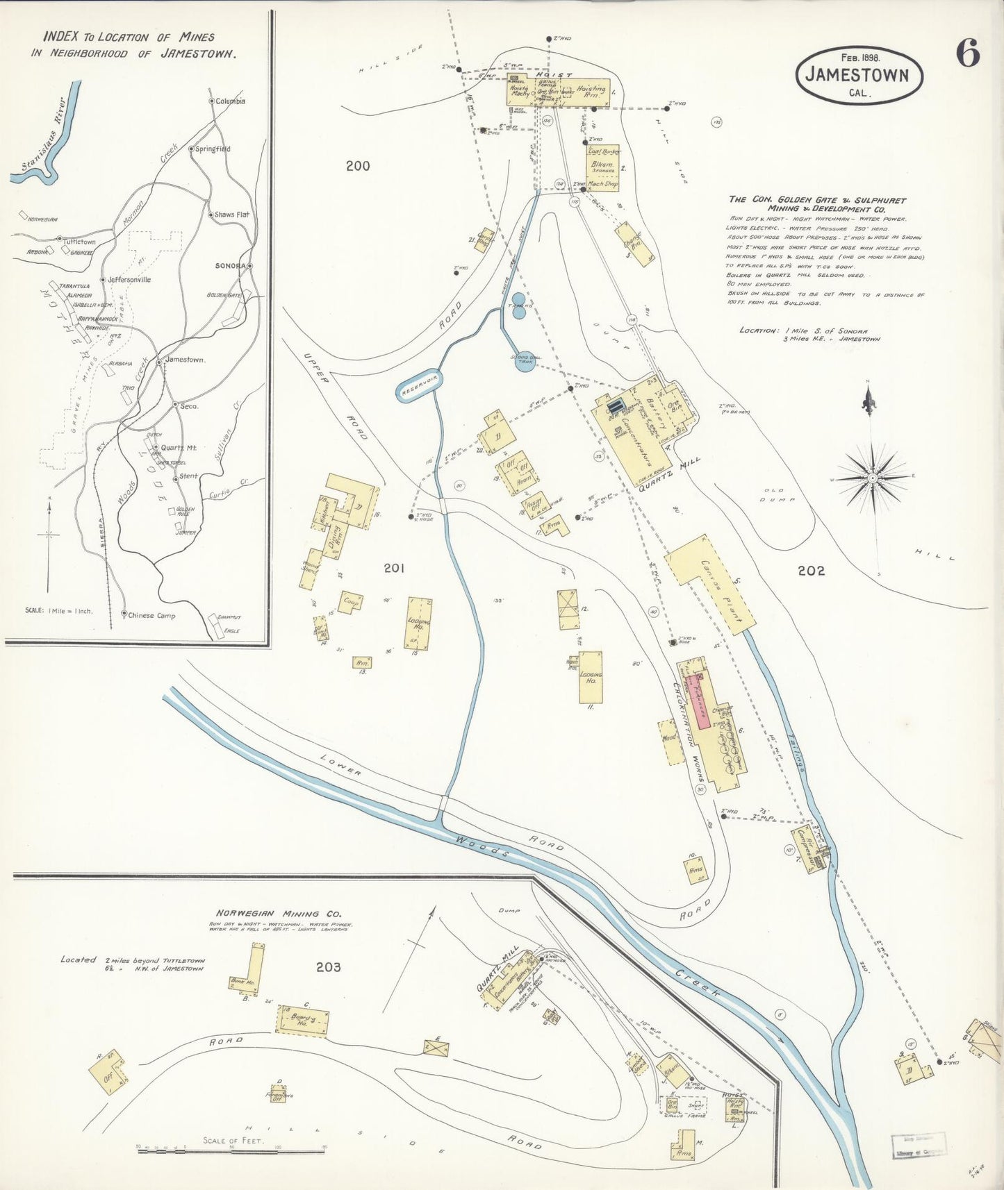 Sanborn Fire Insurance Map from Jamestown, Tuolumne County, California (1898), Sheet #0006 - Historic Sanborn Fire Insurance Map Print, vintage old map wall art, antique decor, genealogy gift, California California map