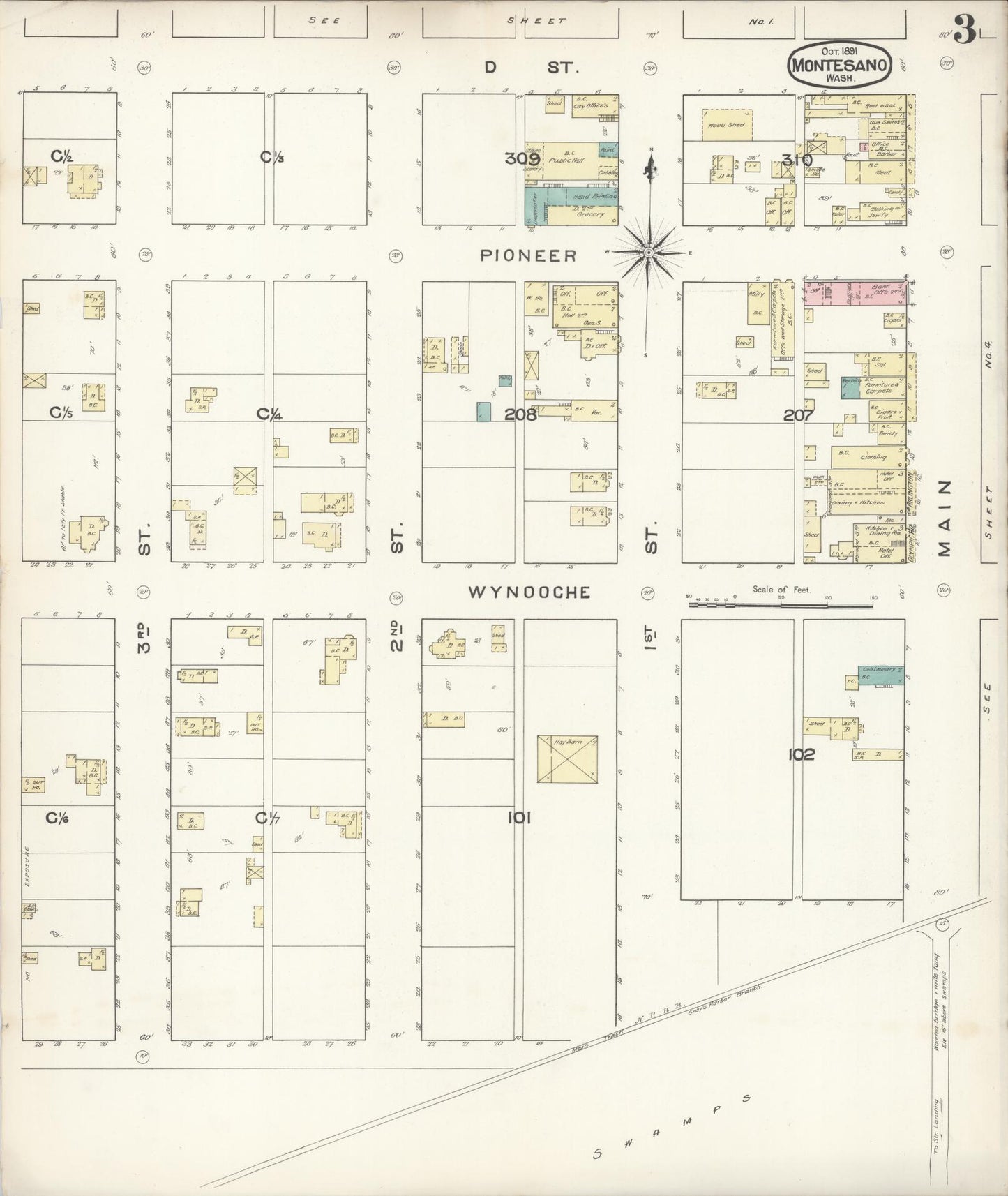 Sanborn Fire Insurance Map from Montesano, Grays Harbor County, Washington (1891), Sheet #0003 - Complete Map Set gallery image, historic Sanborn map, vintage wall art, Washington Washington