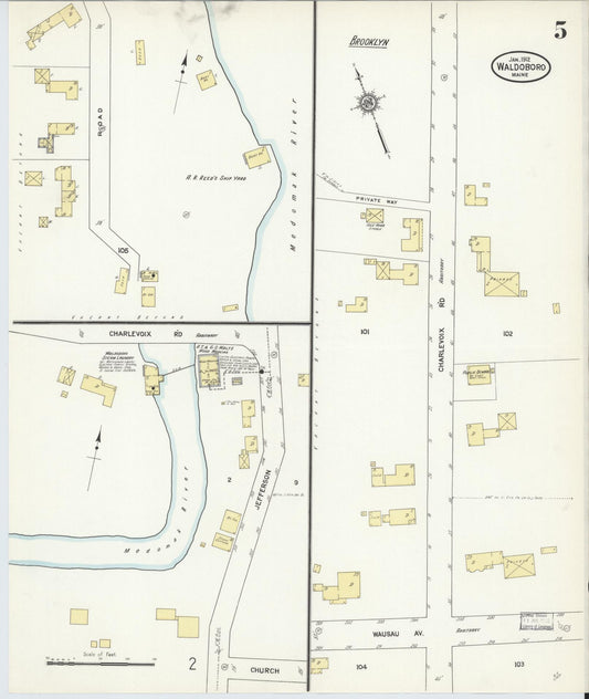 Sanborn Fire Insurance Map from Waldoboro, Lincoln County, Maine (1912), Sheet #0005 - Historic Sanborn Fire Insurance Map Print, vintage old map wall art, antique decor, genealogy gift, Maine Maine map