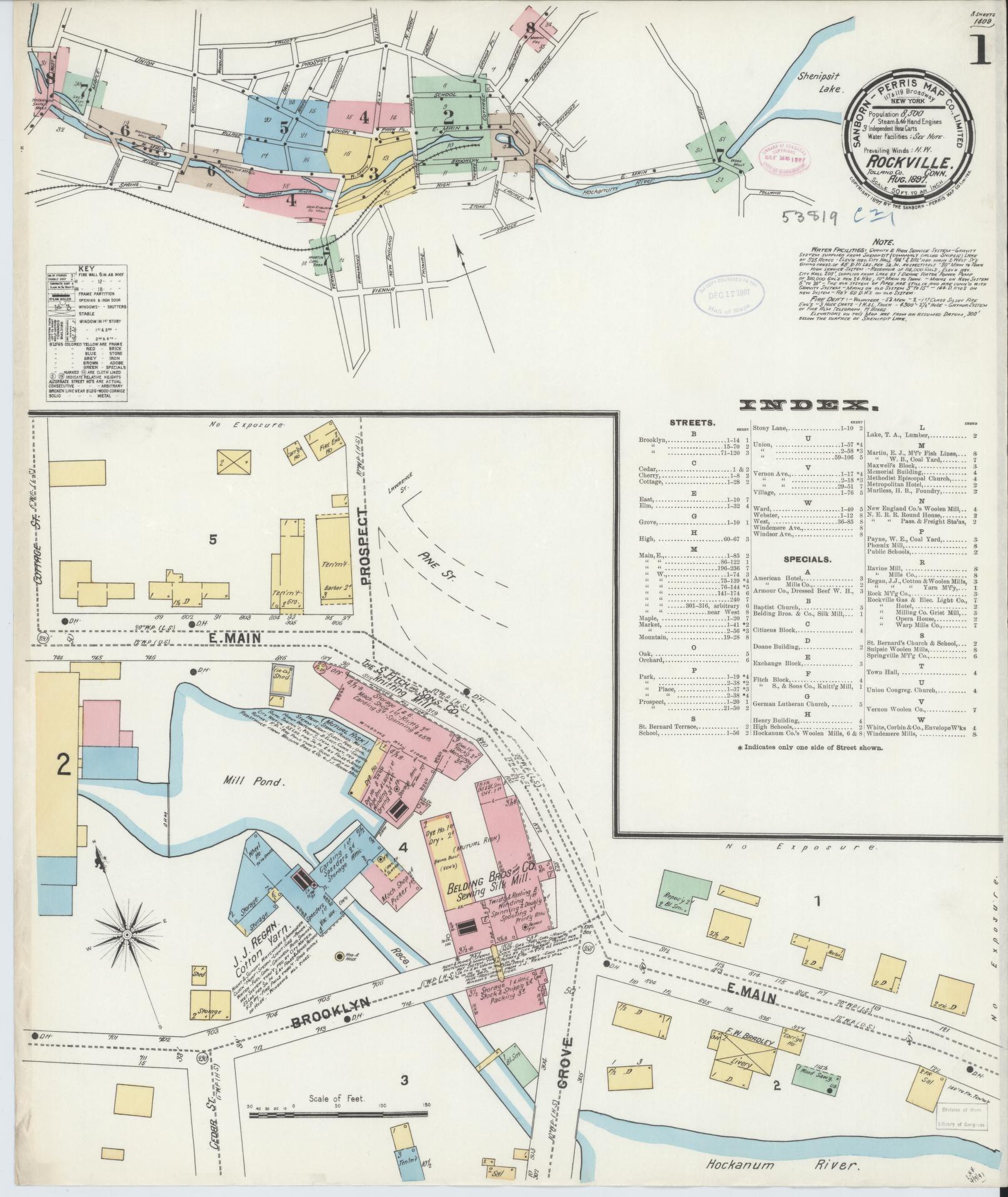 Sanborn Fire Insurance Map from Rockville, Tolland County, Connecticut (1897), Sheet #0001 - Complete Map Set gallery image, historic Sanborn map, vintage wall art, Connecticut Connecticut