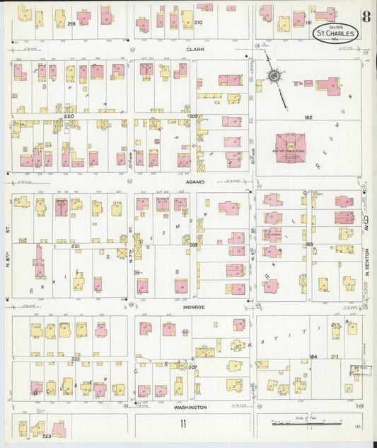 Sanborn Fire Insurance Map from Saint Charles, Saint Charles County, Missouri (1909), Sheet #0008 - Historic Sanborn Fire Insurance Map Print, vintage old map wall art, antique decor, genealogy gift, Missouri Missouri map