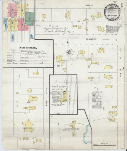 Sanborn Fire Insurance Map from Muskogee, Muskogee County, Oklahoma (1896), Sheet #0001 - Complete Map Set gallery image, historic Sanborn map, vintage wall art, Oklahoma Oklahoma