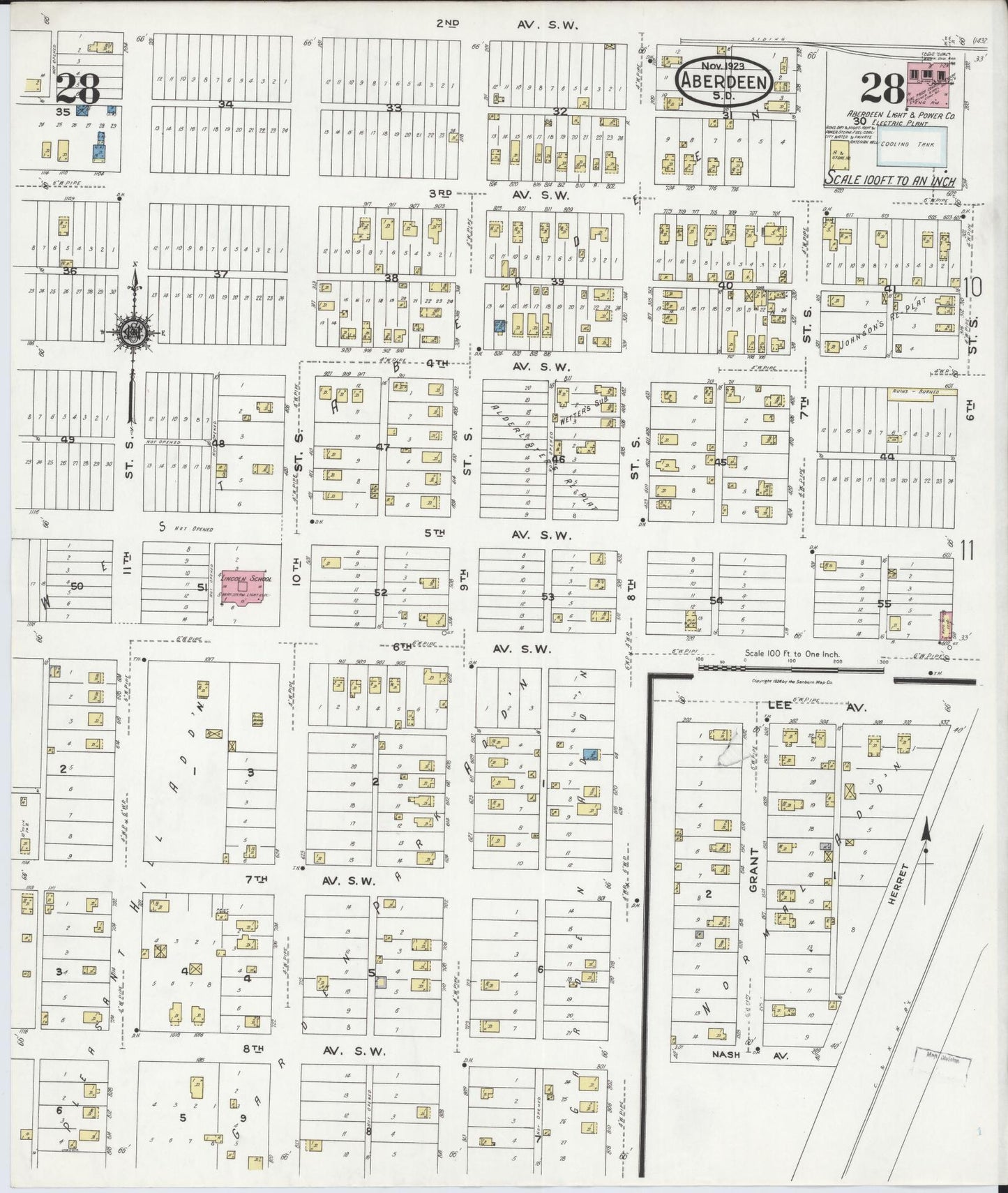 Sanborn Fire Insurance Map from Aberdeen, Brown County, South Dakota (1923), Sheet #0028 - Historic Sanborn Fire Insurance Map Print, vintage old map wall art, antique decor, genealogy gift, South Dakota South Dakota map