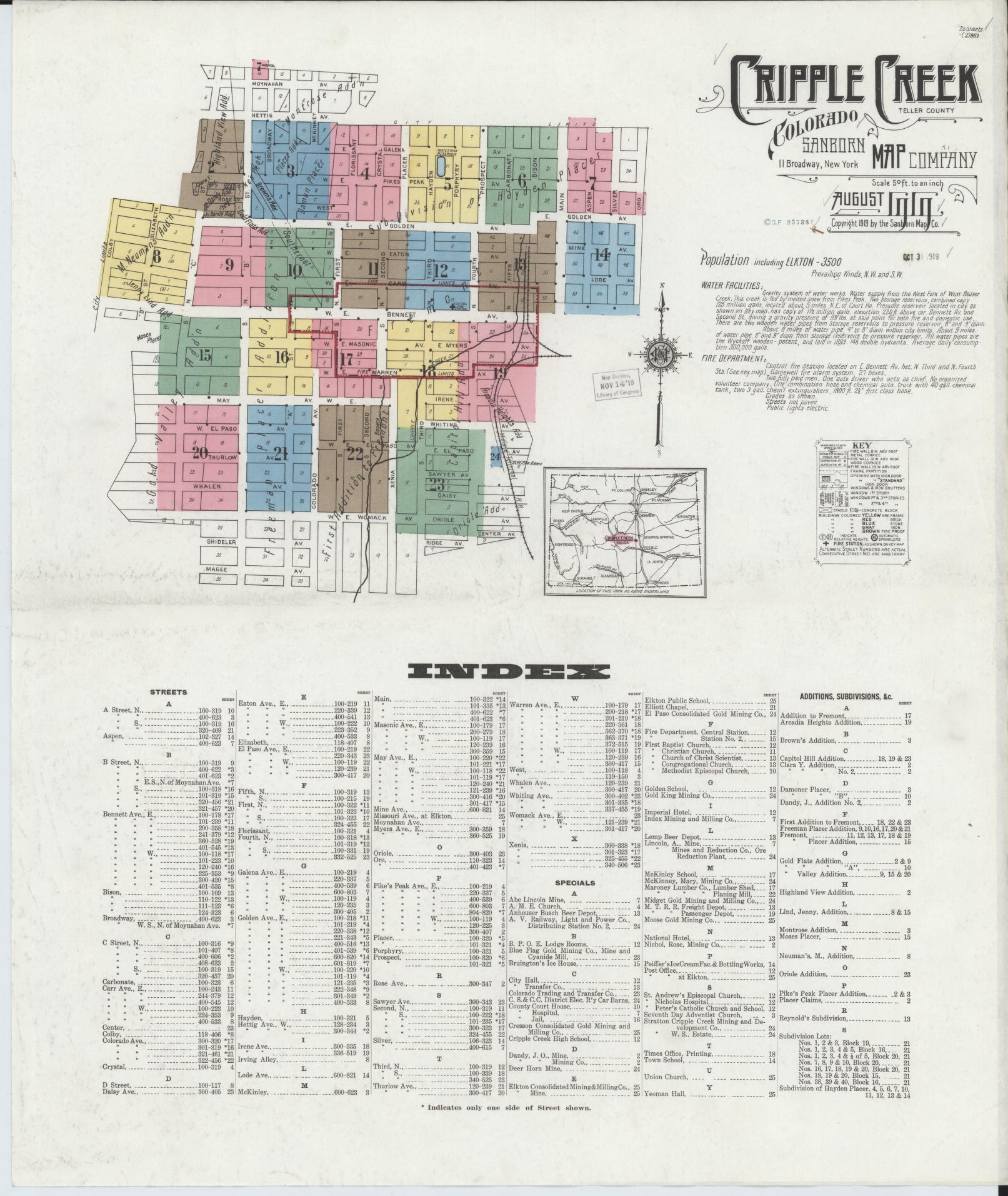 Sanborn Fire Insurance Map from Cripple Creek, Teller County, Colorado (1919), Sheet #0001 - Complete Map Set gallery image, historic Sanborn map, vintage wall art, Colorado Colorado