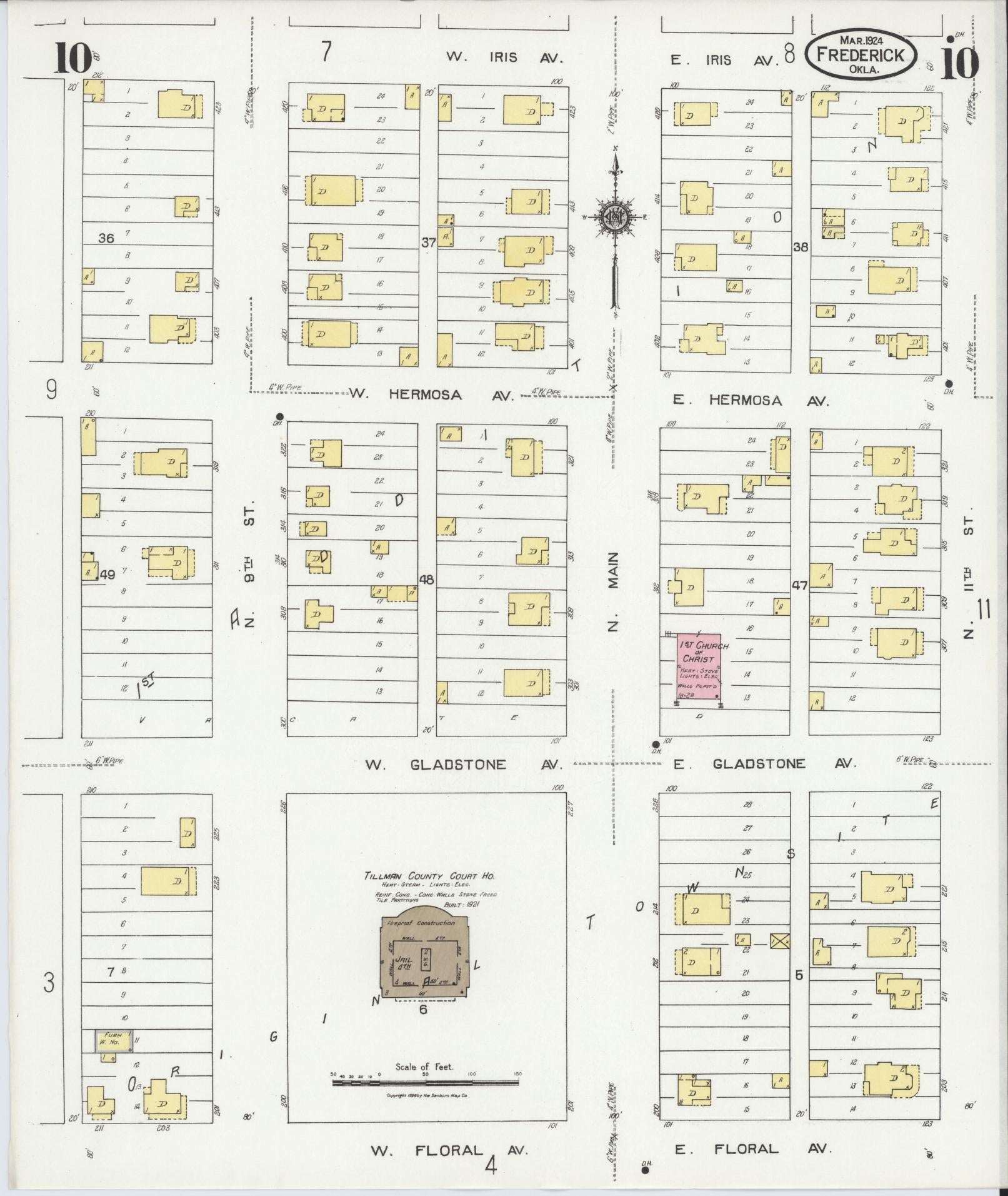Sanborn Fire Insurance Map from Frederick, Tillman County, Oklahoma (1924), Sheet #0010 - Historic Sanborn Fire Insurance Map Print, vintage old map wall art, antique decor, genealogy gift, Oklahoma Oklahoma map