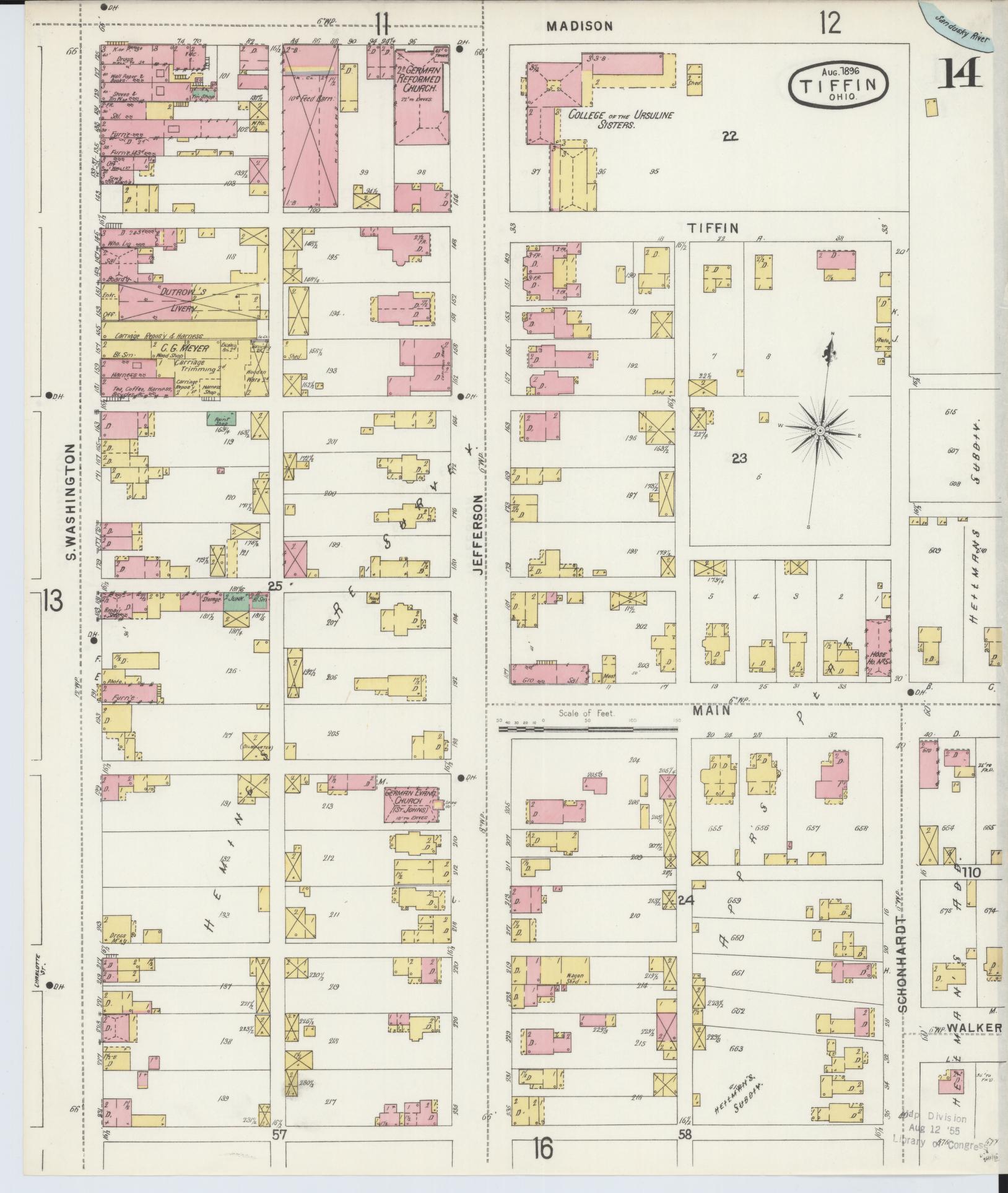 Sanborn Fire Insurance Map from Tiffin, Seneca County, Ohio (1896), Sheet #0014 - Historic Sanborn Fire Insurance Map Print, vintage old map wall art, antique decor, genealogy gift, Ohio Ohio map