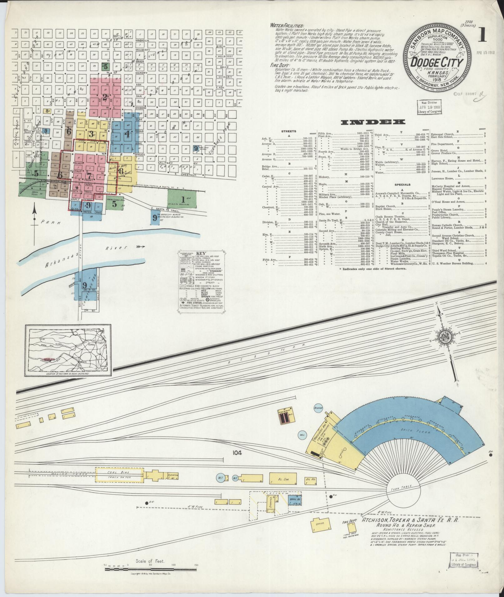 Sanborn Fire Insurance Map from Dodge City, Ford County, Kansas (1918), Sheet #0001 - Historic Sanborn Fire Insurance Map Print, vintage old map wall art, antique decor, genealogy gift, Kansas Kansas map